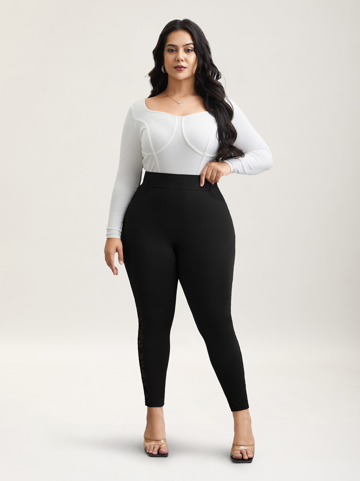 Plus Size Lace Mid-Rise Tight Pants Women Black Elegant High stretch Skinny Mid Rise Everyday Leggings BloomChic 26/4X 