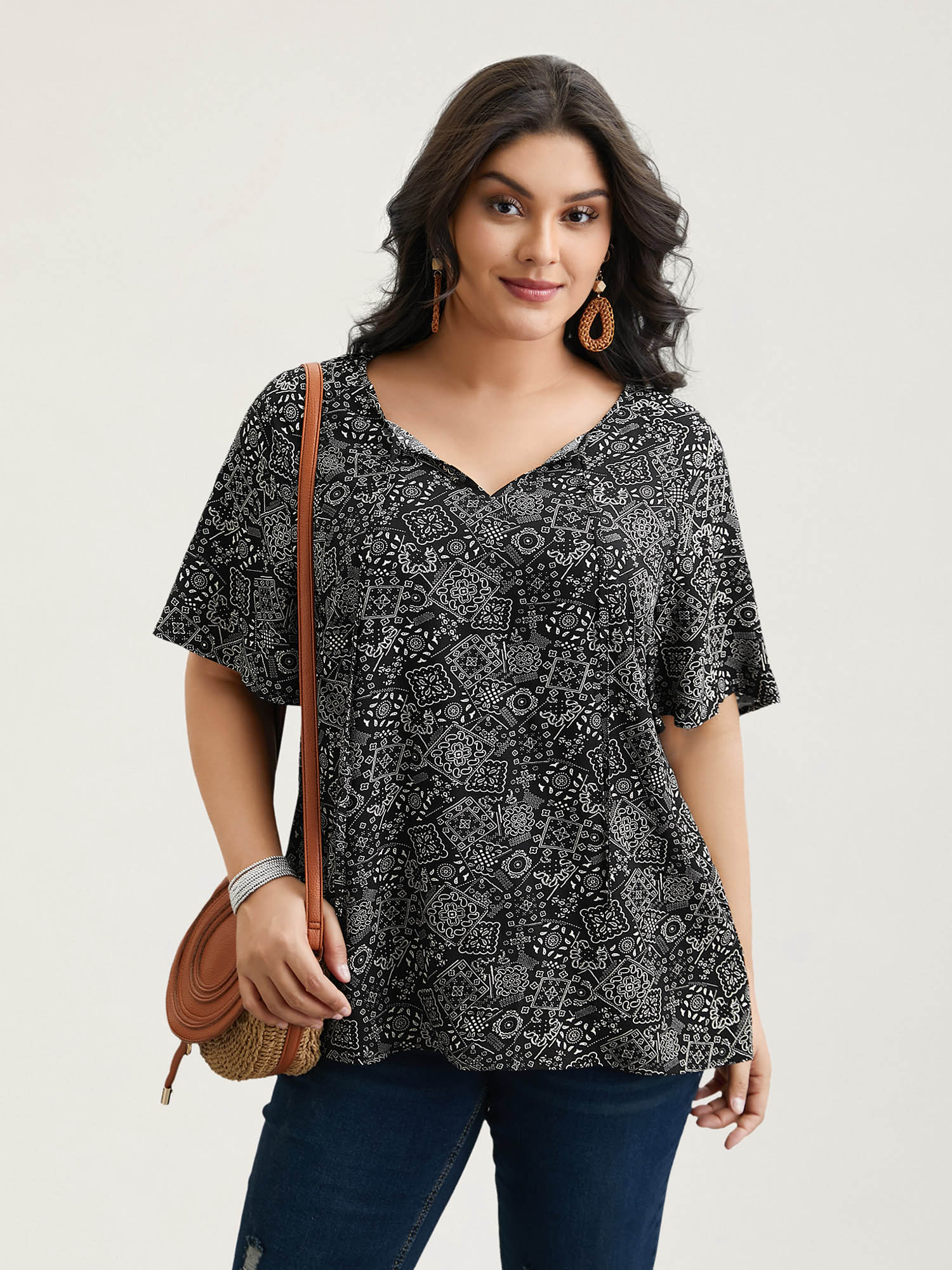 

Plus Size Black Boho Print Neck-Tie Blouse Women Resort Short sleeve Ribbon-tied collar Vacation Blouses BloomChic