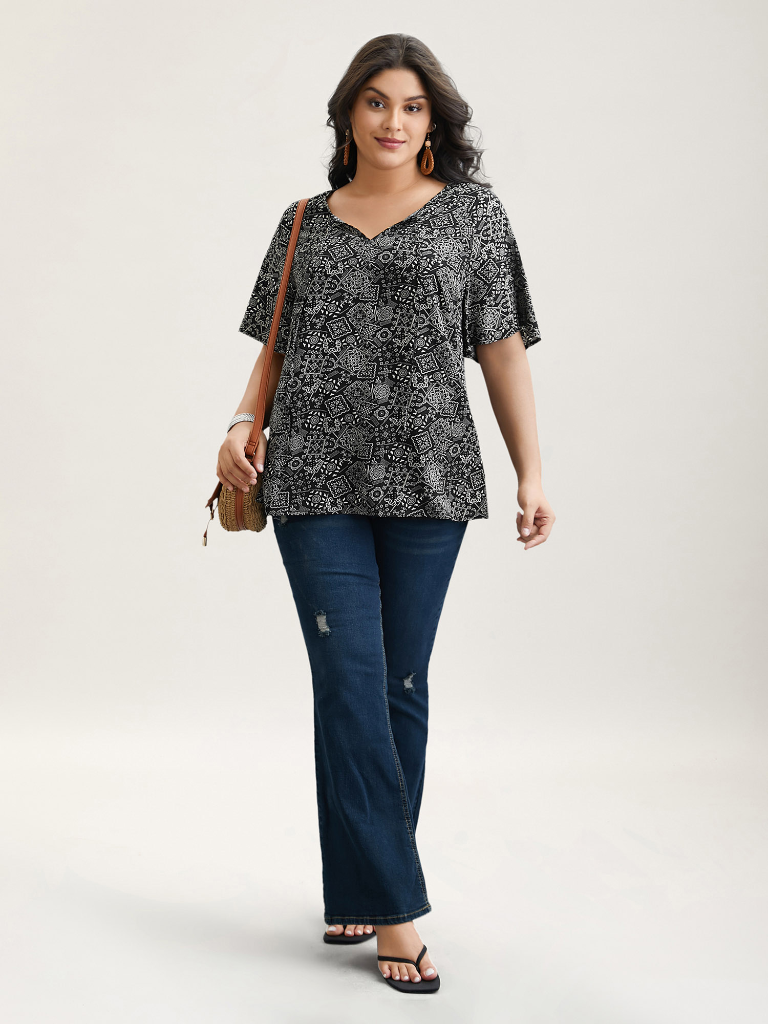 Plus Size Black Boho Print Neck-Tie Blouse Women Resort Short sleeve Ribbon-tied collar Vacation Blouses BloomChic 22-24/3X 