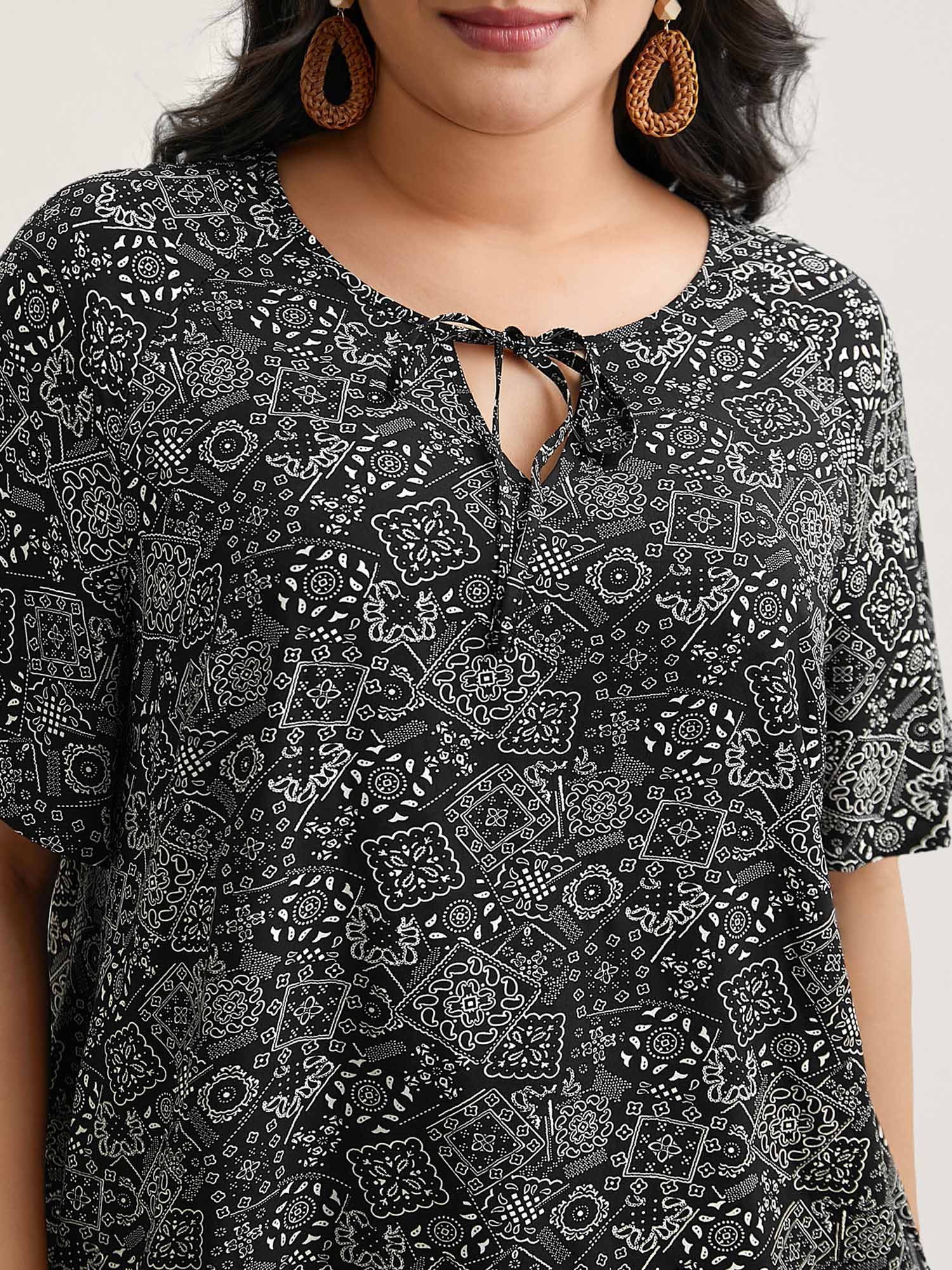 Plus Size Black Boho Print Neck-Tie Blouse Women Resort Short sleeve Ribbon-tied collar Vacation Blouses BloomChic 22-24/3X 
