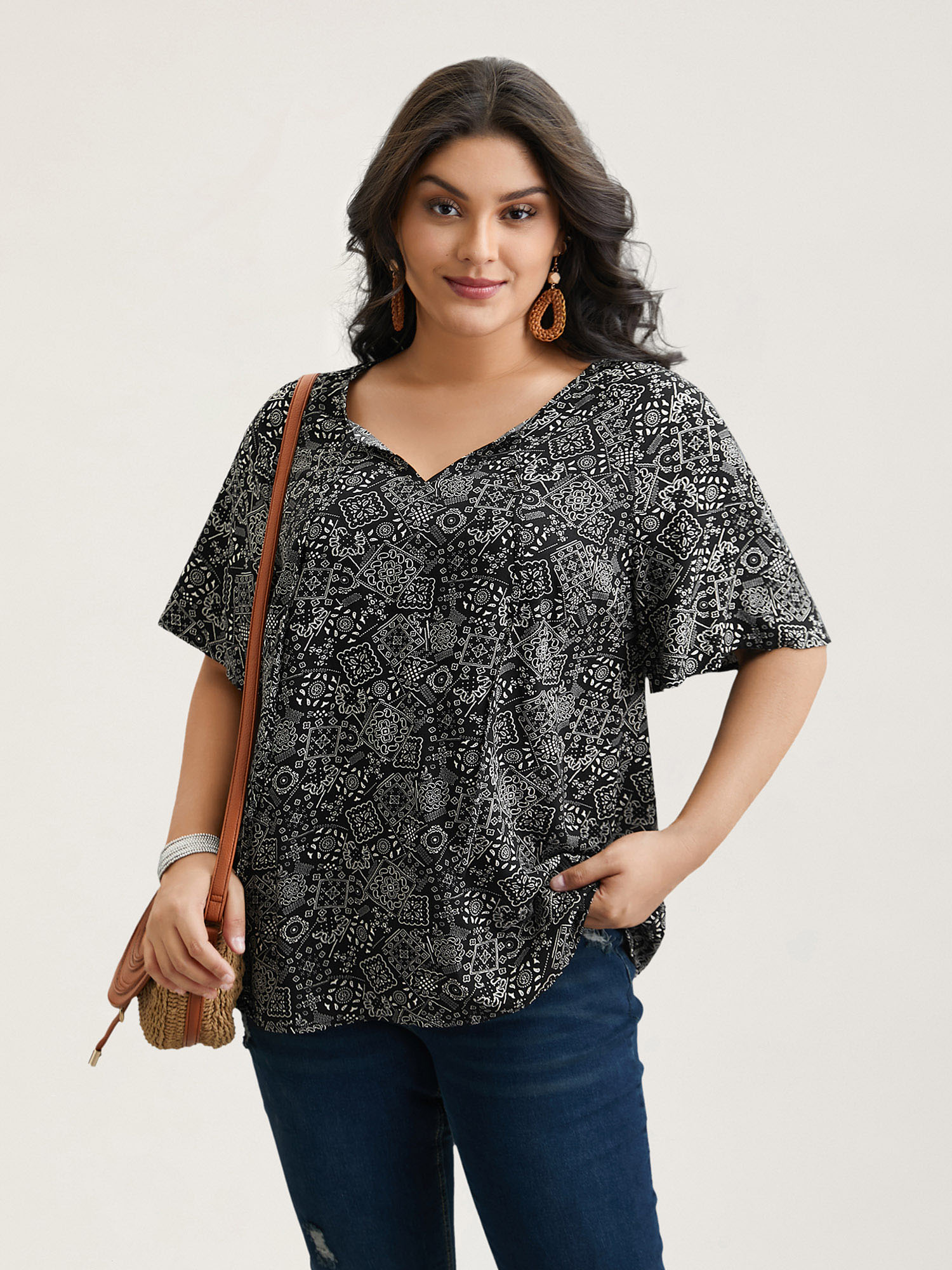Plus Size Black Boho Print Neck-Tie Blouse Women Resort Short sleeve Ribbon-tied collar Vacation Blouses BloomChic 22-24/3X 