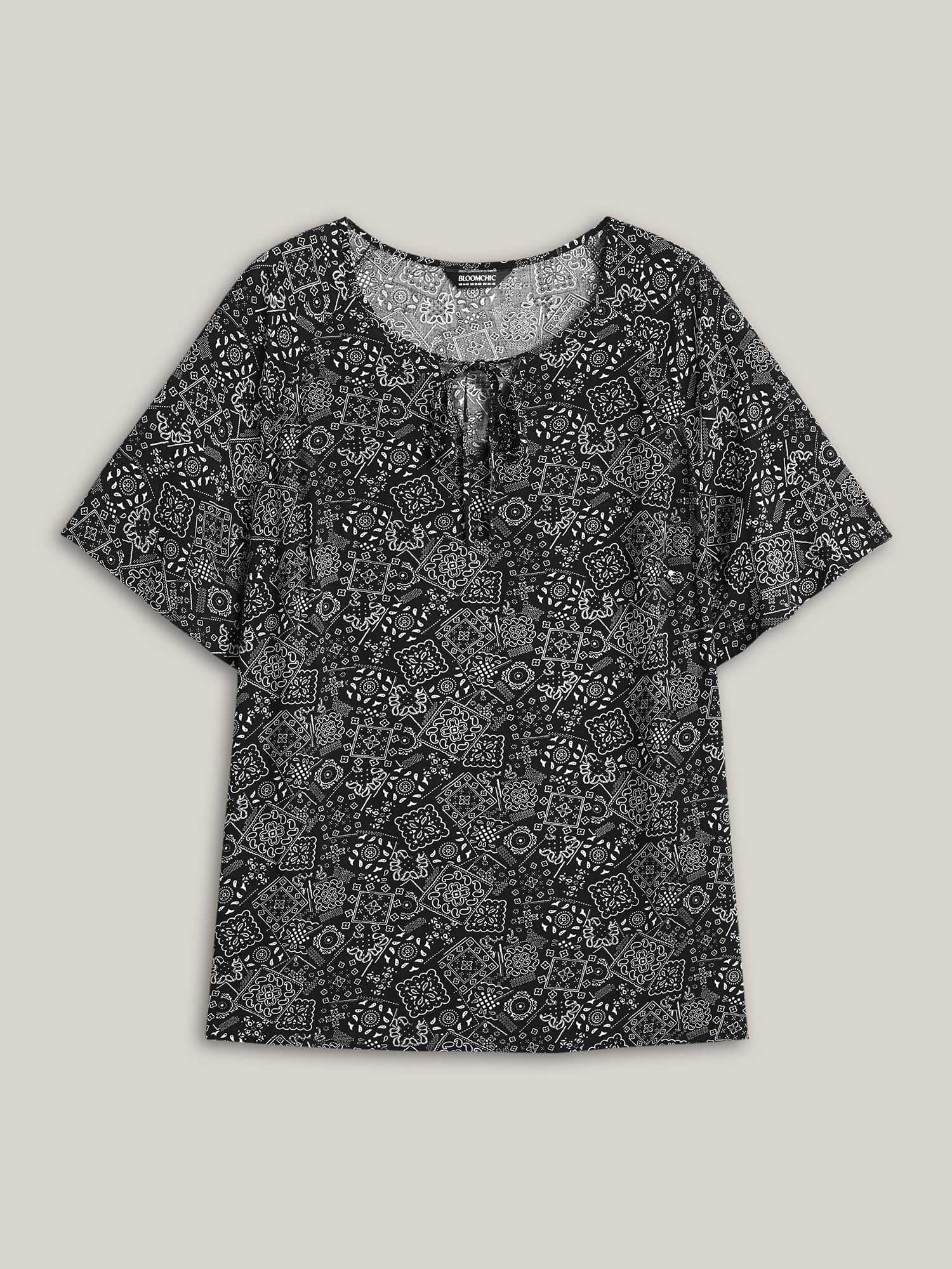 Plus Size Black Boho Print Neck-Tie Blouse Women Resort Short sleeve Ribbon-tied collar Vacation Blouses BloomChic 22-24/3X 