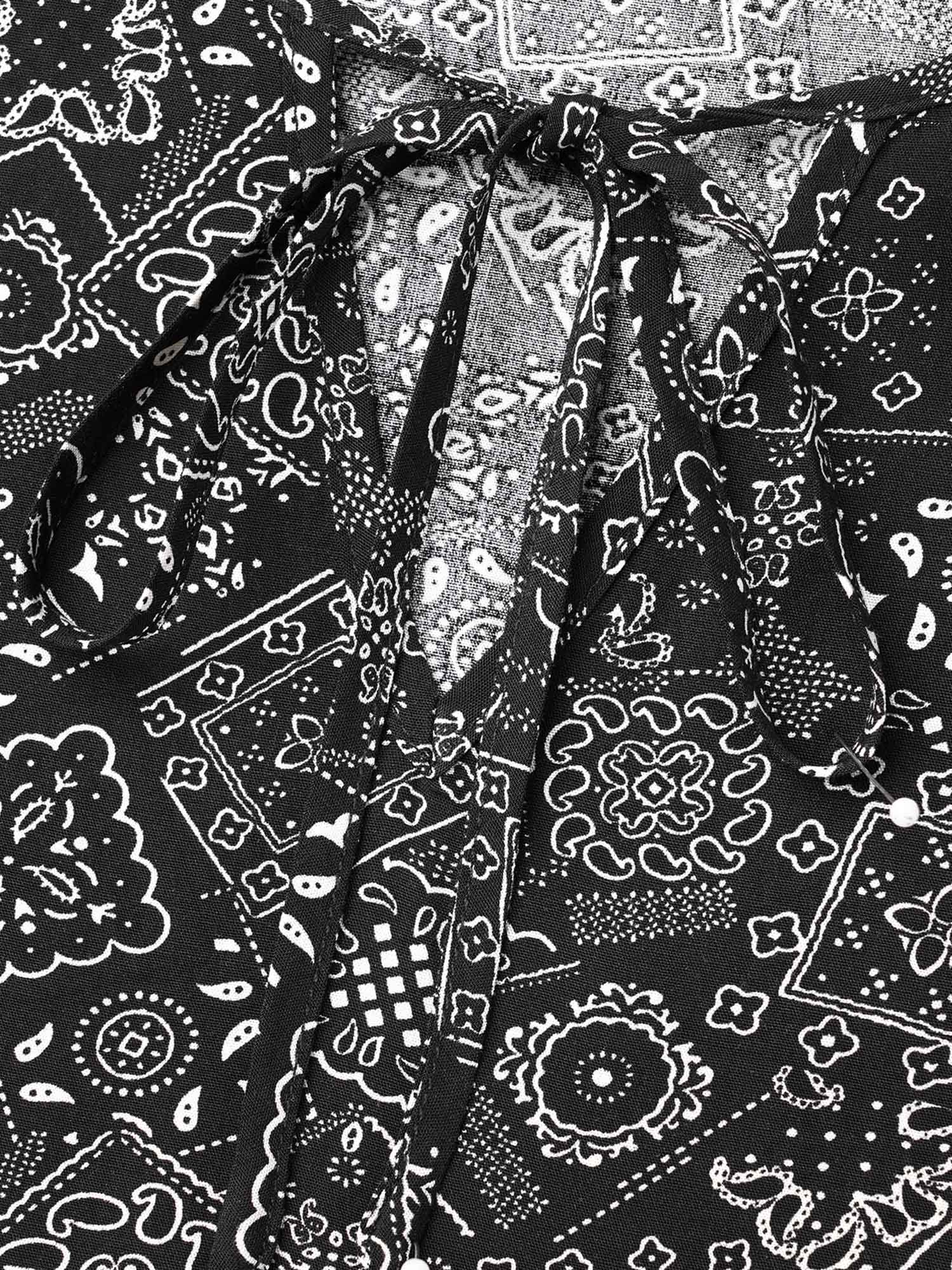 Plus Size Black Boho Print Neck-Tie Blouse Women Resort Short sleeve Ribbon-tied collar Vacation Blouses BloomChic 22-24/3X 