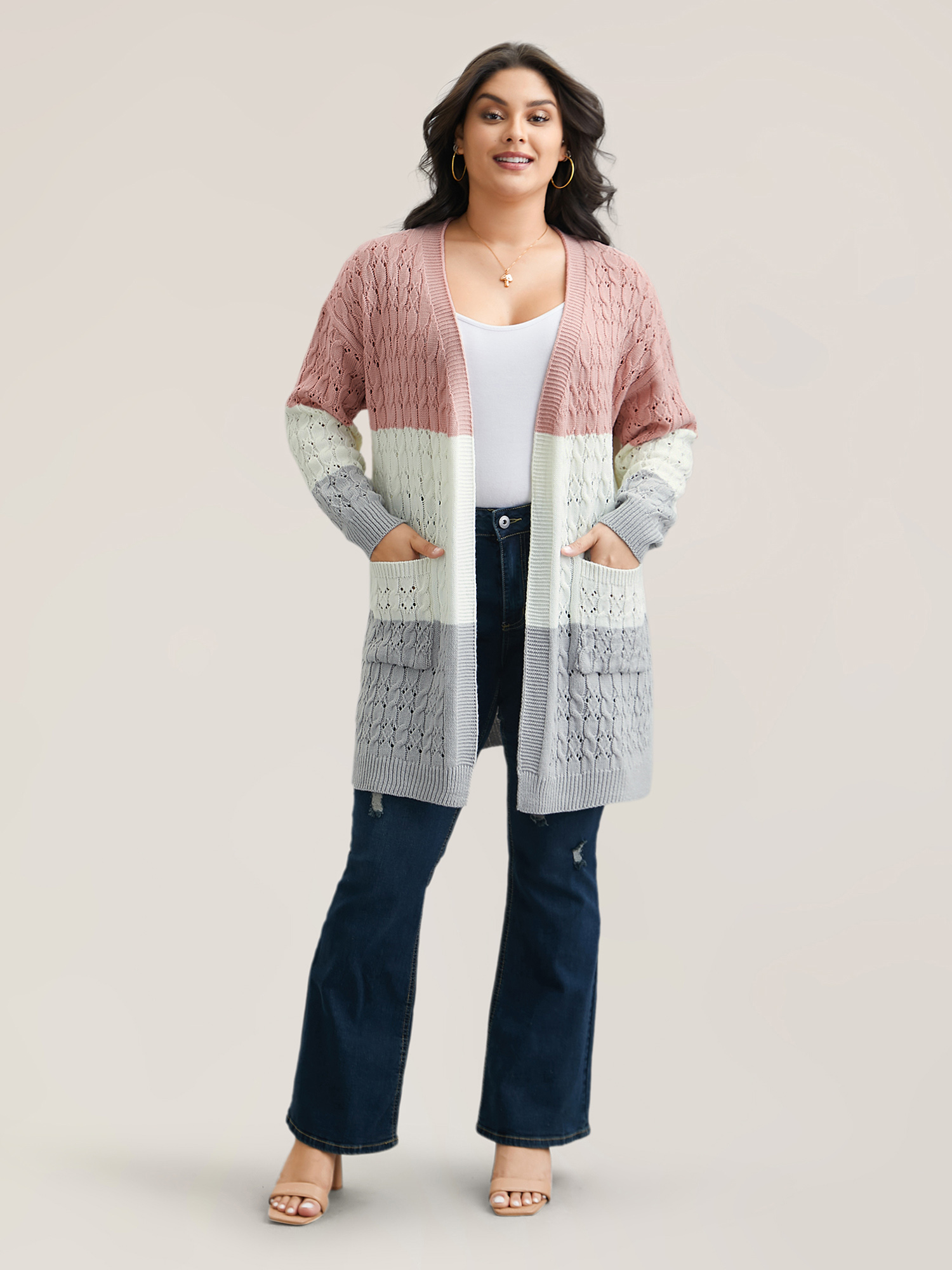 Plus Size Cable Knot Color-Block Open-Front Cardigan Crepe Women Casual Loose Long Sleeve Everyday Cardigans BloomChic 18-20/2X 