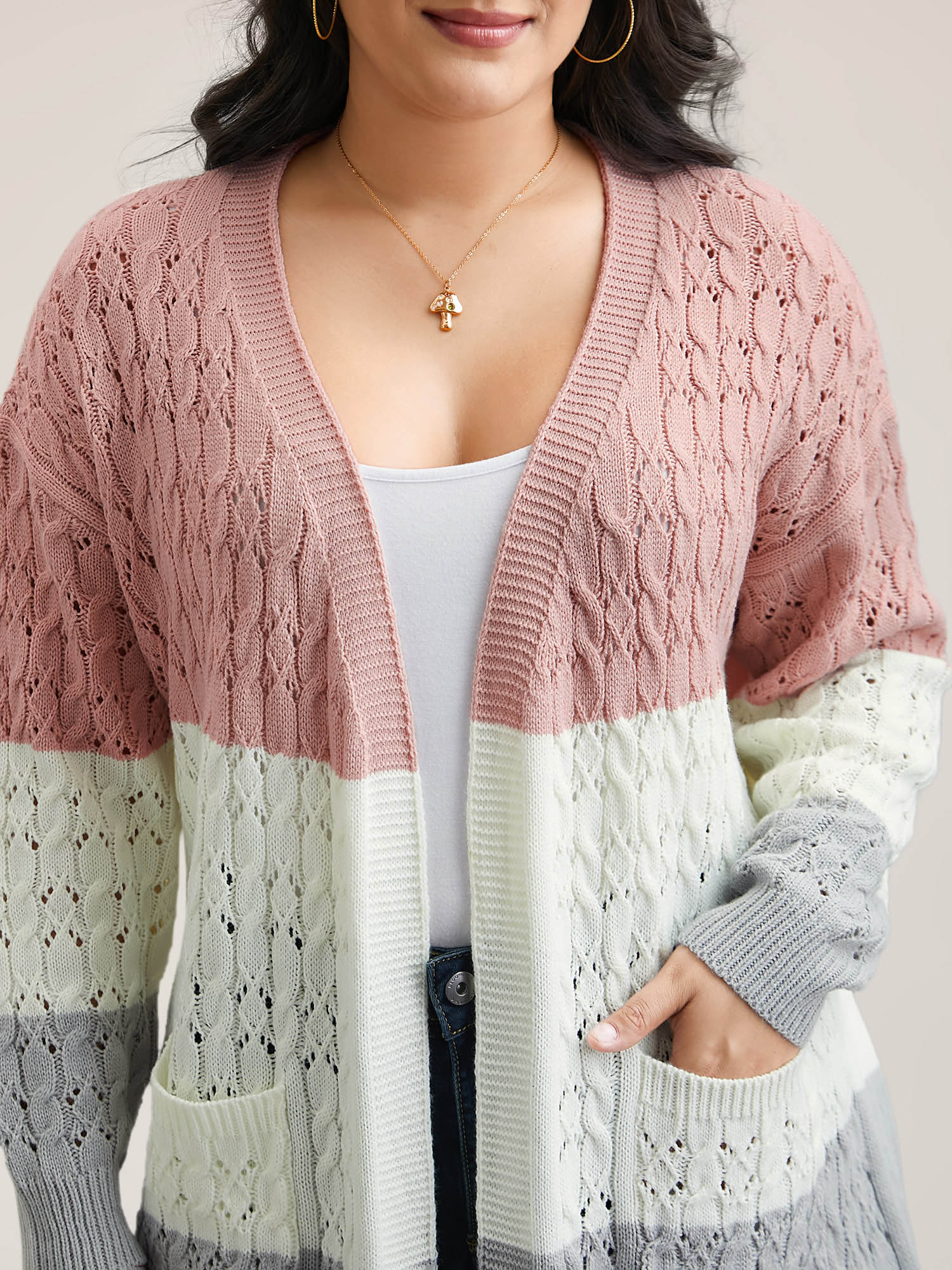 Plus Size Cable Knot Color-Block Open-Front Cardigan Crepe Women Casual Loose Long Sleeve Everyday Cardigans BloomChic 18-20/2X 
