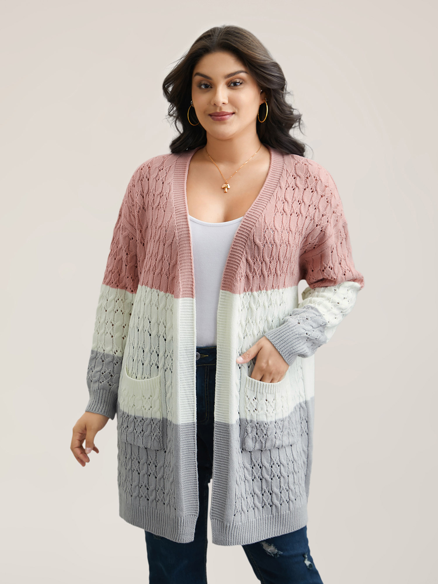Plus Size Cable Knot Color-Block Open-Front Cardigan Crepe Women Casual Loose Long Sleeve Everyday Cardigans BloomChic 18-20/2X 