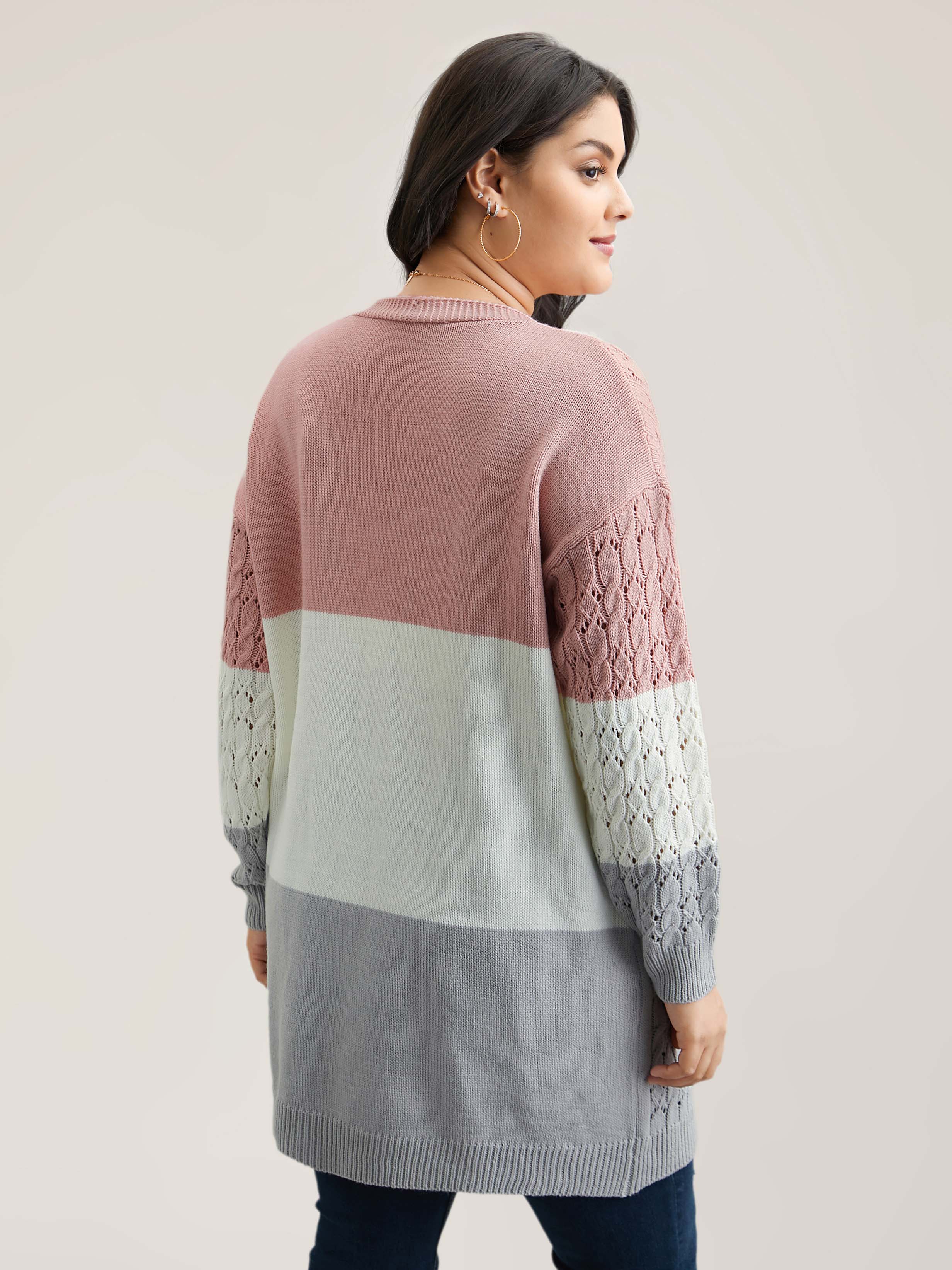 Plus Size Cable Knot Color-Block Open-Front Cardigan Crepe Women Casual Loose Long Sleeve Everyday Cardigans BloomChic 18-20/2X 