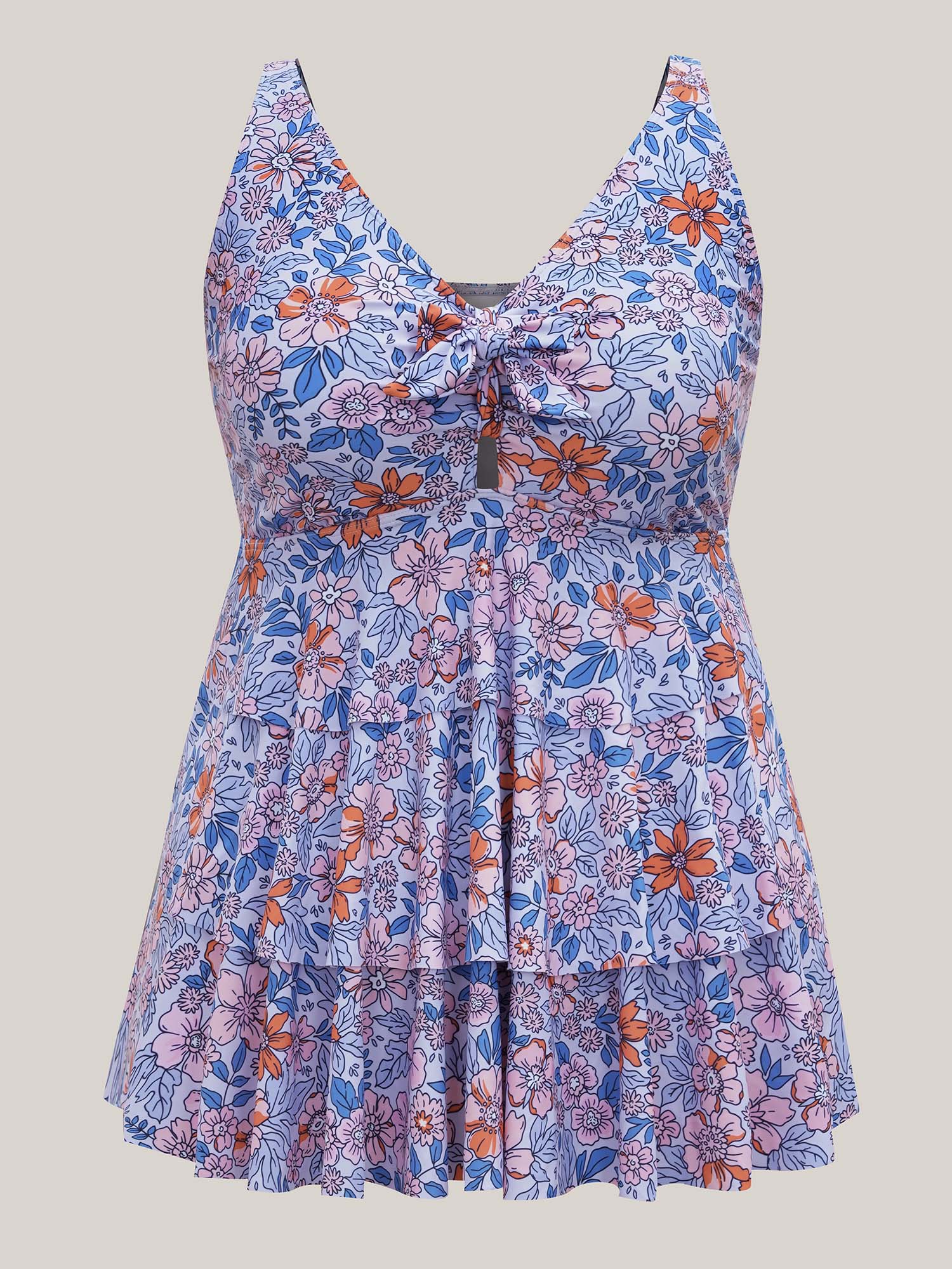 Plus Size Floral Print Tiered Ties Adjustable Swim Top Women`s Swimwear Multicolor Beach Tie knot High stretch Bodycon V-neck Curve Swim Tops BloomChic 30/6X 
