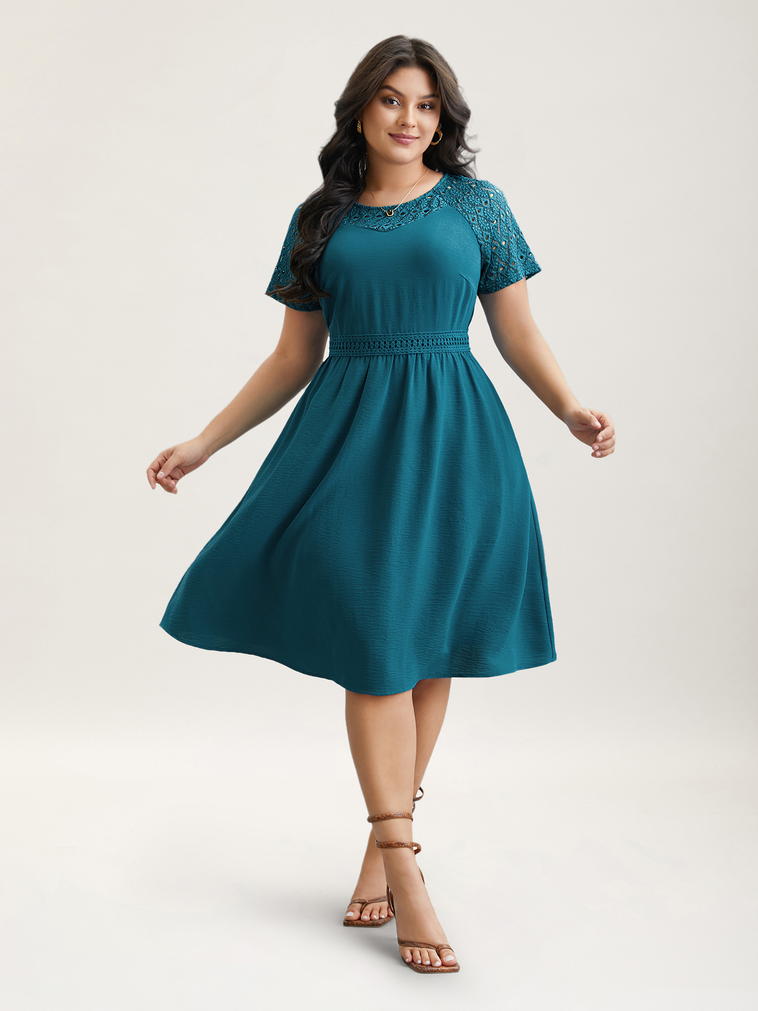Plus Size Lace Cut-Out Raglan Sleeve Pockets Midi Dress Aegean Women Elegant Woven ribbon&lace trim Round Neck Short sleeve Curvy BloomChic 22-24/3X 