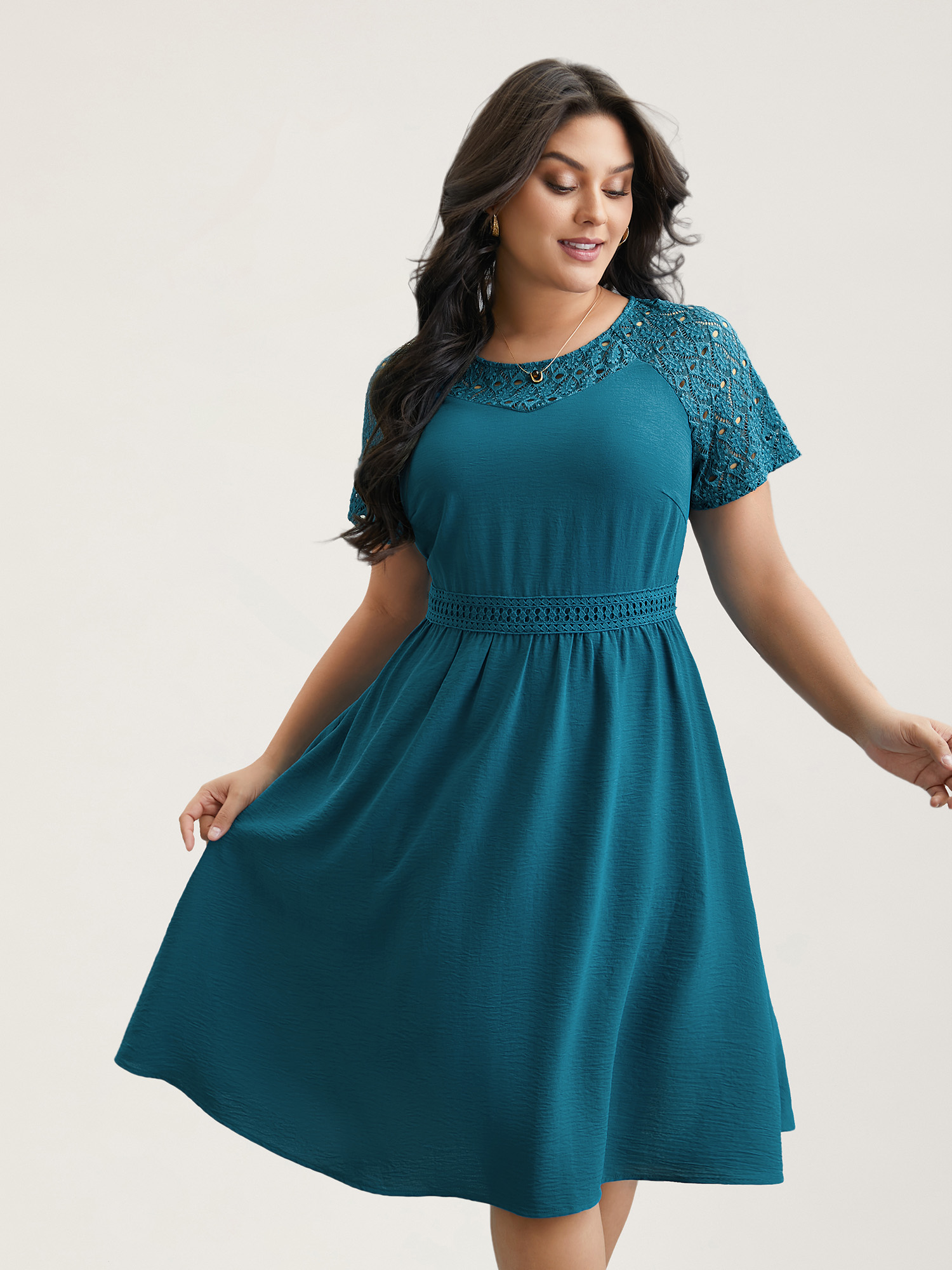 Plus Size Lace Cut-Out Raglan Sleeve Pockets Midi Dress Aegean Women Elegant Woven ribbon&lace trim Round Neck Short sleeve Curvy BloomChic 22-24/3X 