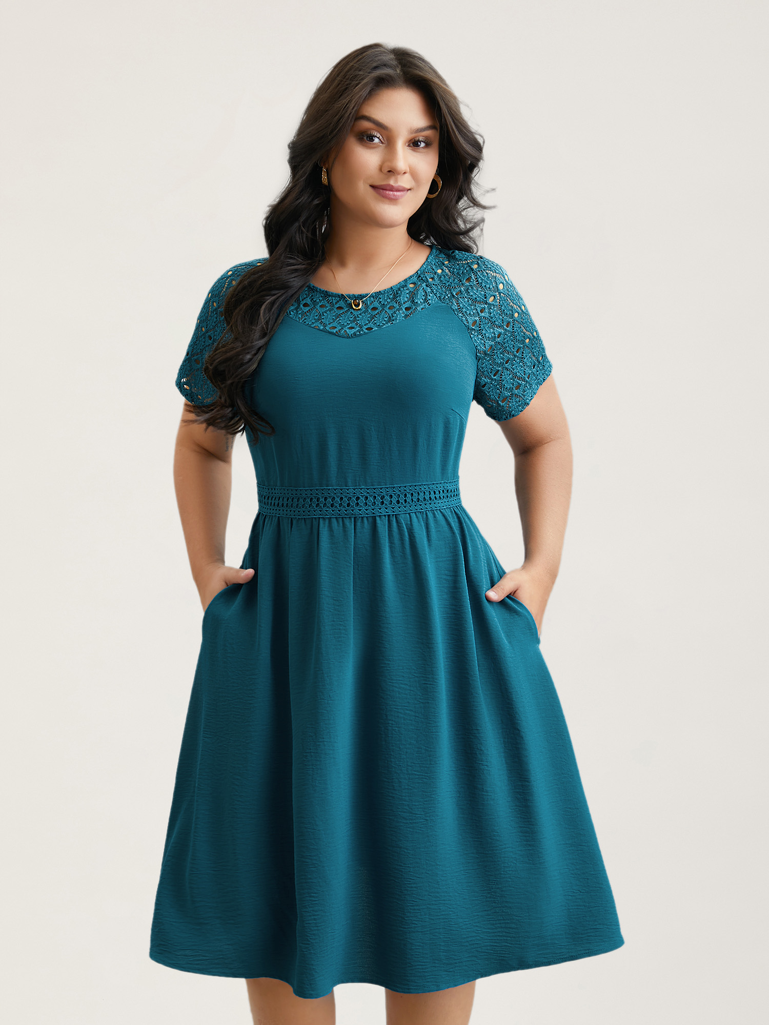 Plus Size Lace Cut-Out Raglan Sleeve Pockets Midi Dress Aegean Women Elegant Woven ribbon&lace trim Round Neck Short sleeve Curvy BloomChic 22-24/3X 