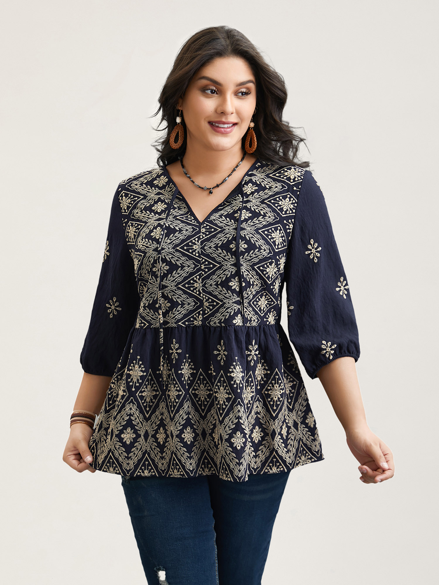 Plus Size Indigo Boho Embroidered Pleated V-Neck Blouse Women Resort Elbow-length sleeve V-neck Vacation Blouses BloomChic 10/M 