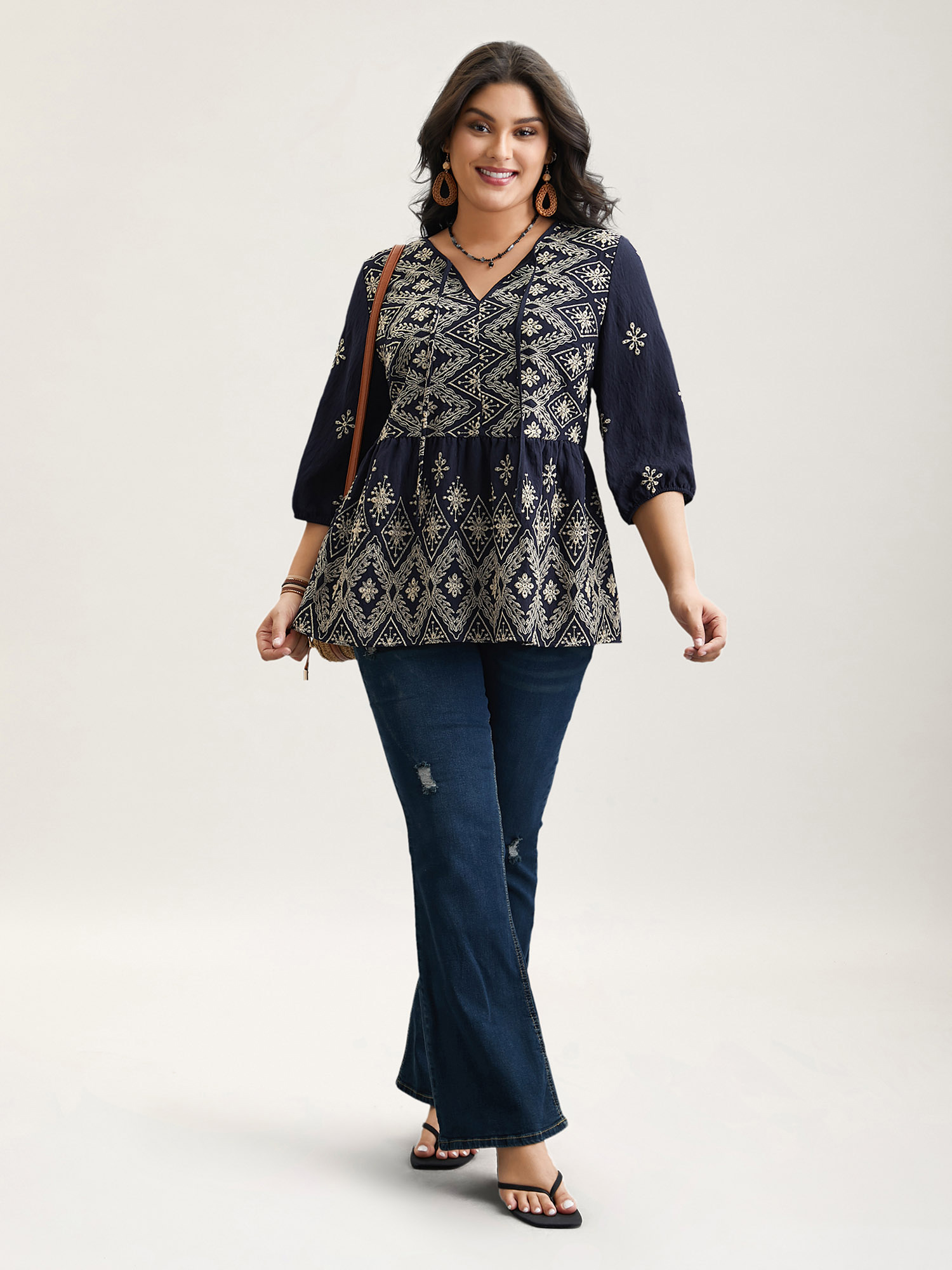 Plus Size Indigo Boho Embroidered Pleated V-Neck Blouse Women Resort Elbow-length sleeve V-neck Vacation Blouses BloomChic 10/M 