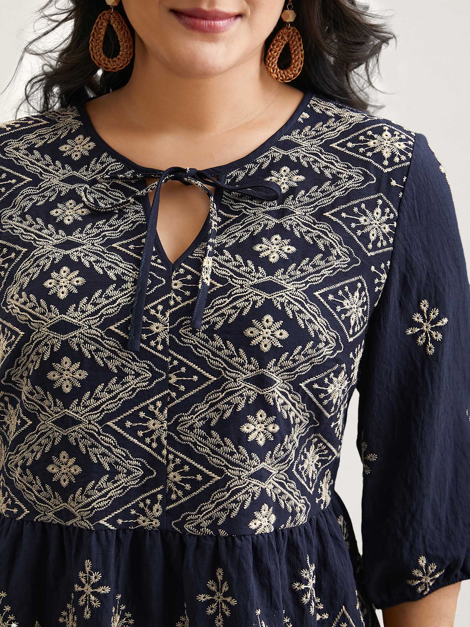 Plus Size Indigo Boho Embroidered Pleated V-Neck Blouse Women Resort Elbow-length sleeve V-neck Vacation Blouses BloomChic 10/M 