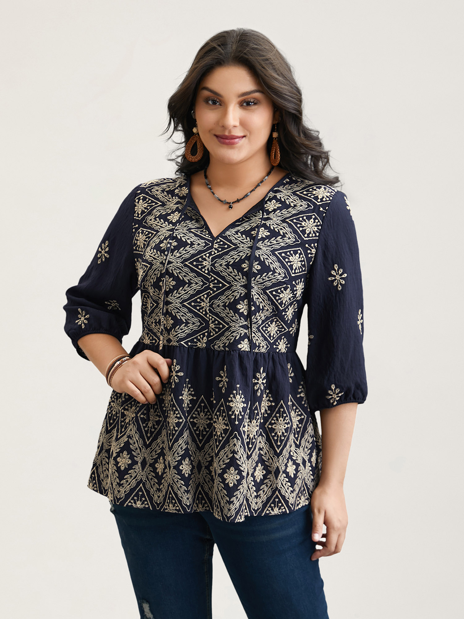 Plus Size Indigo Boho Embroidered Pleated V-Neck Blouse Women Resort Elbow-length sleeve V-neck Vacation Blouses BloomChic 10/M 