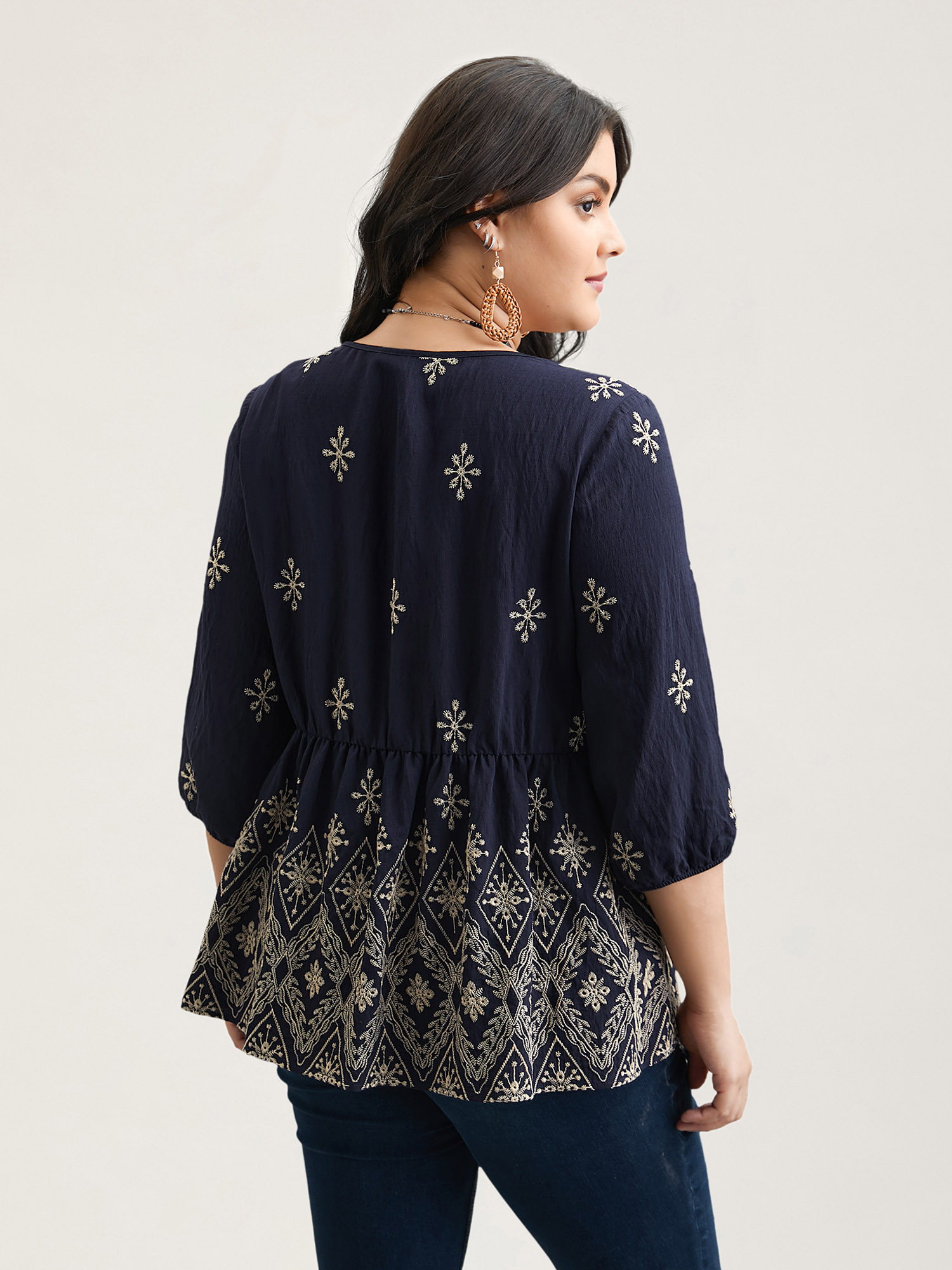 Plus Size Indigo Boho Embroidered Pleated V-Neck Blouse Women Resort Elbow-length sleeve V-neck Vacation Blouses BloomChic 10/M 