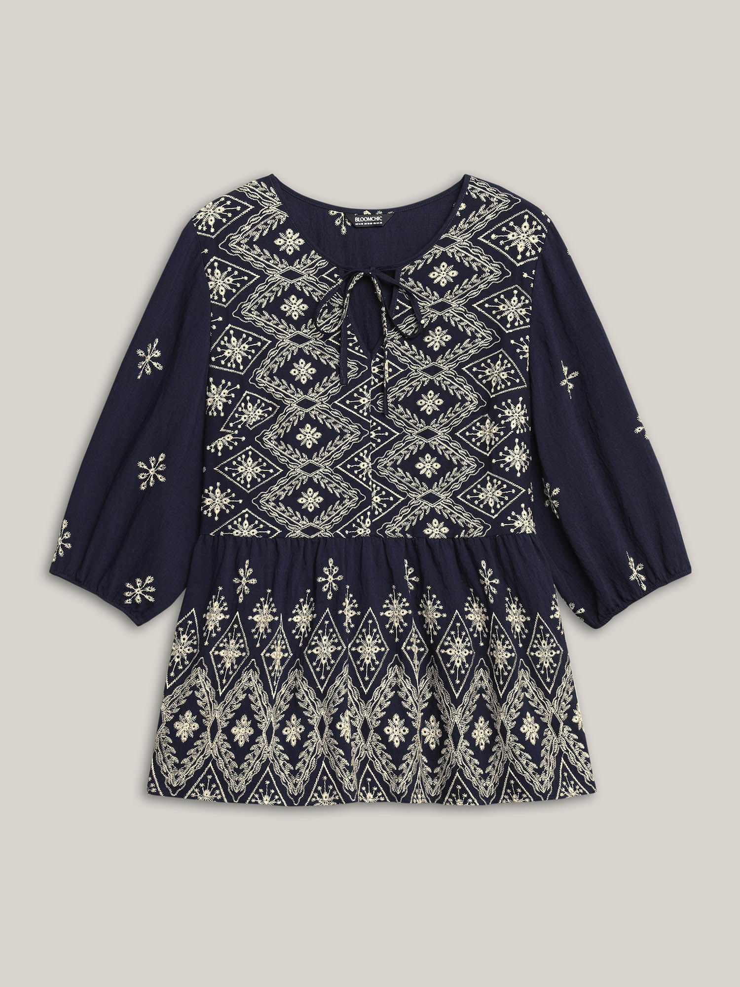 Plus Size Indigo Boho Embroidered Pleated V-Neck Blouse Women Resort Elbow-length sleeve V-neck Vacation Blouses BloomChic 10/M 