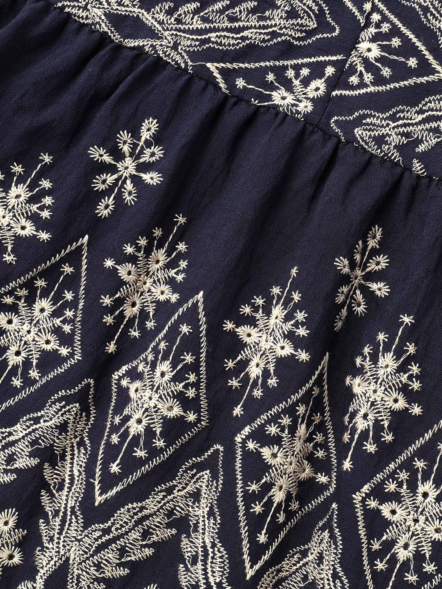 Plus Size Indigo Boho Embroidered Pleated V-Neck Blouse Women Resort Elbow-length sleeve V-neck Vacation Blouses BloomChic 10/M 
