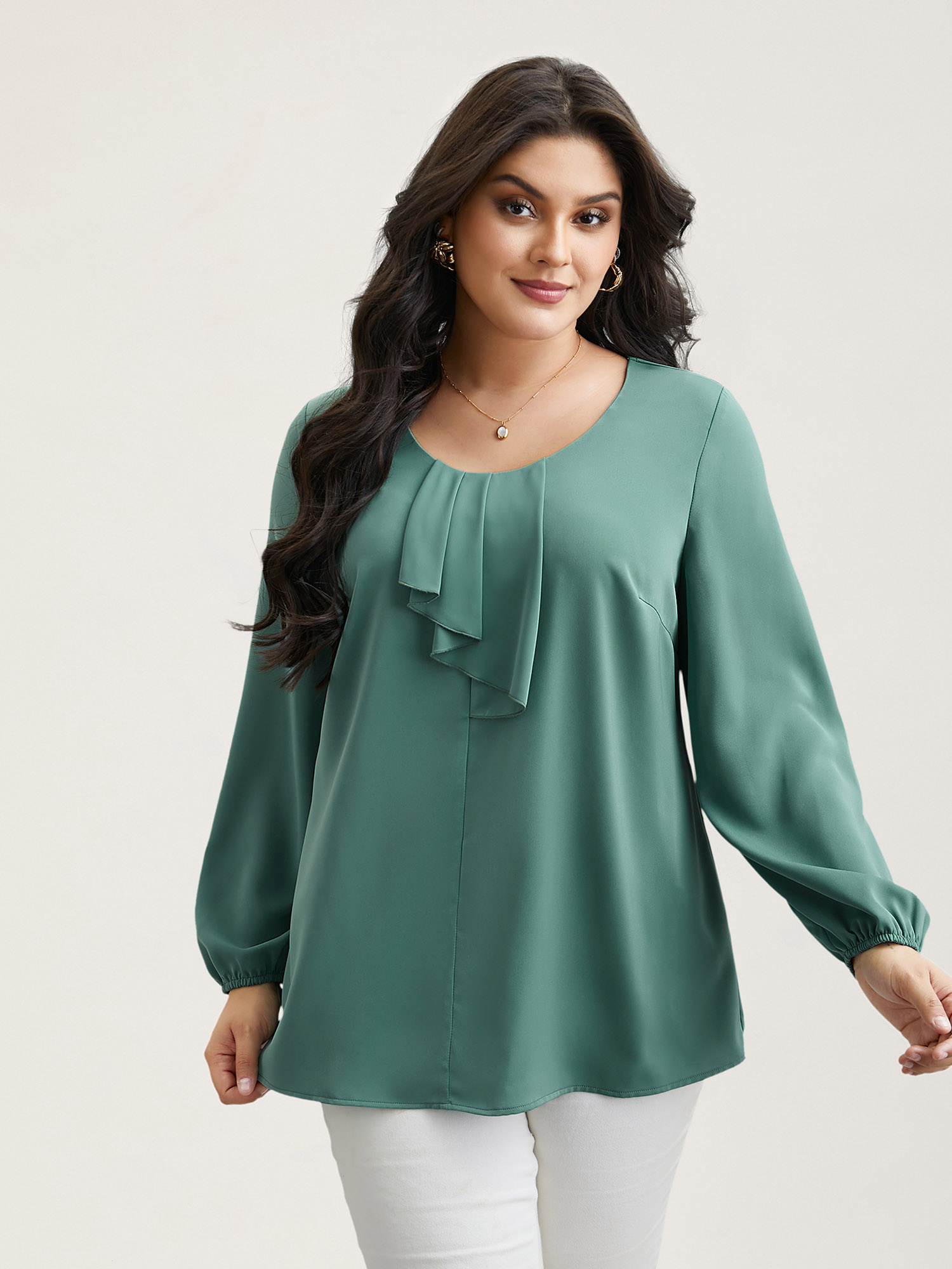 

Plus Size Greenbean Ruffle Frill Trim Plain Lantern Sleeve Blouse Women Elegant Extra Long Sleeve Asymmetrical Neck Everyday Blouses BloomChic