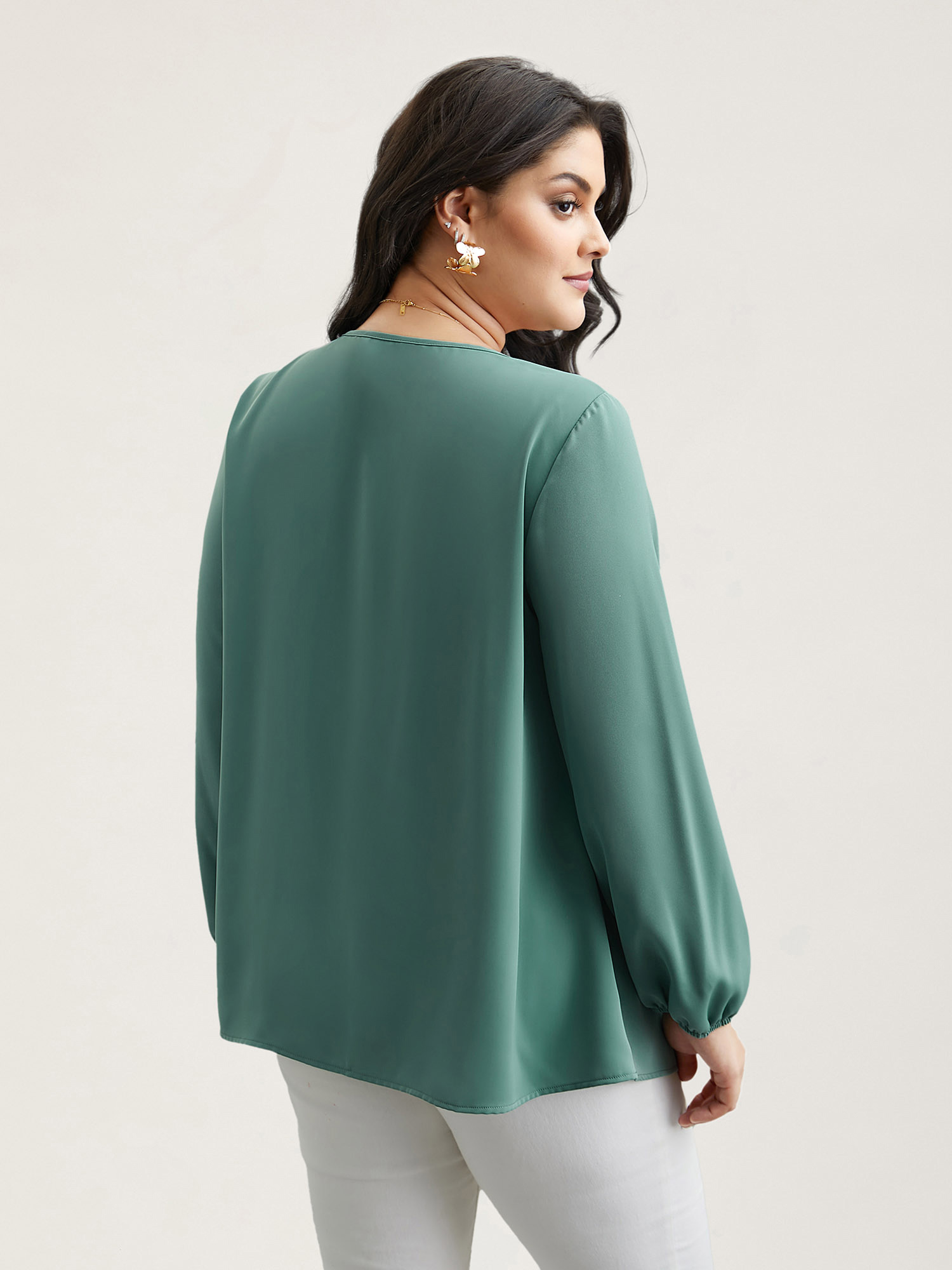 

Plus Size Greenbean Ruffle Frill Trim Plain Lantern Sleeve Blouse Women Elegant Extra Long Sleeve Asymmetrical Neck Everyday Blouses BloomChic