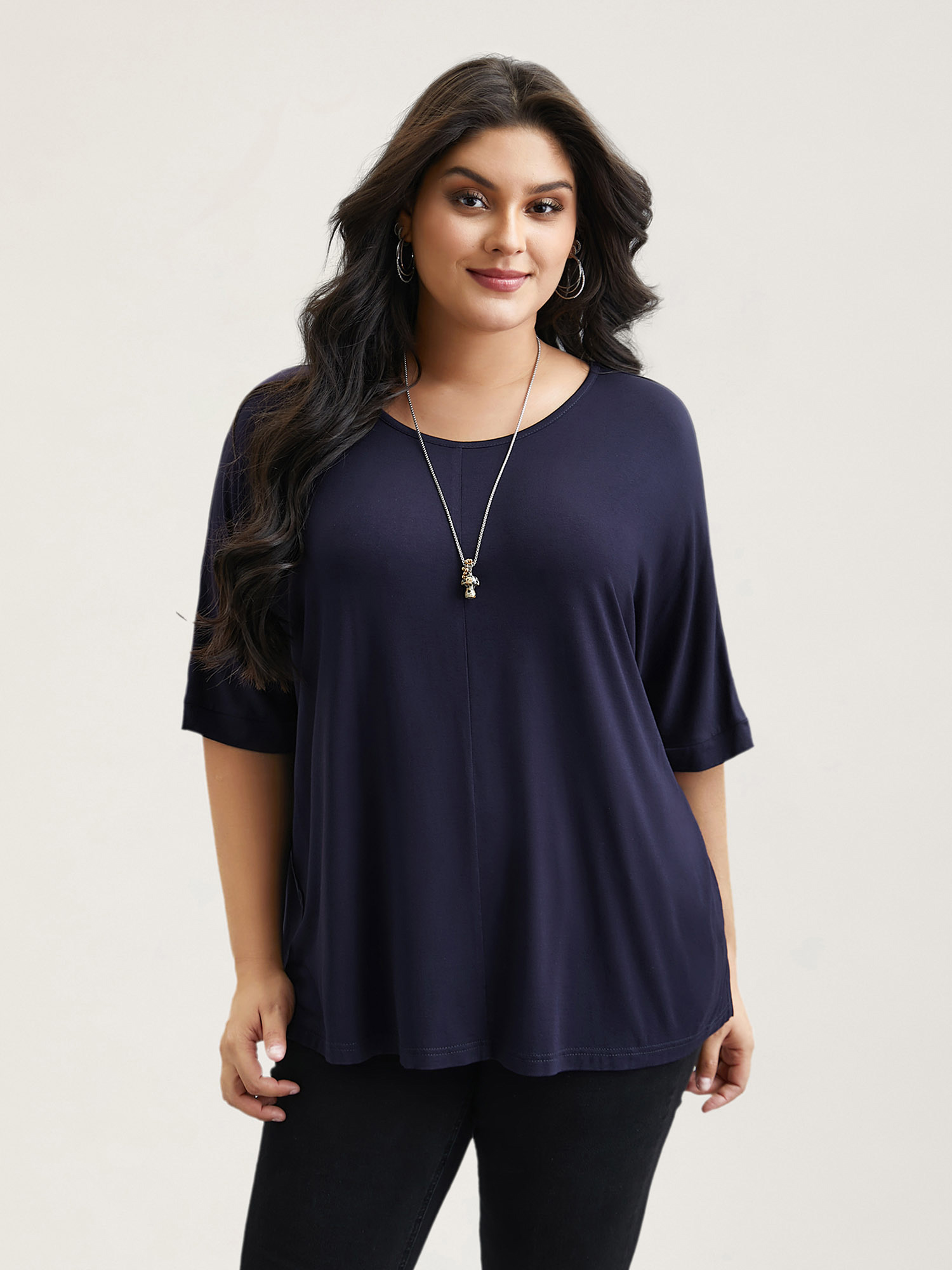 

Plus Size Supersoft Round Neck Plain T-Shirt Midnight Women Casual Non Round Neck Everyday T-shirts BloomChic