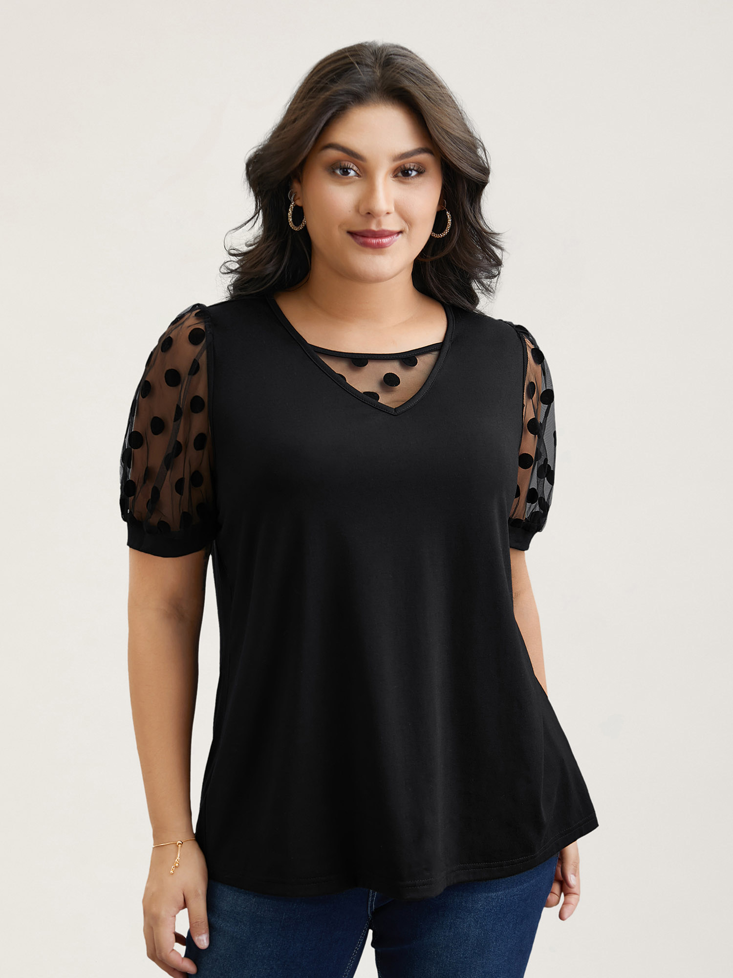 

Plus Size Sheer Sleeves Textured Polka Dots Stretchy Top Black Round Neck Short sleeve Elegant Jersey Tops