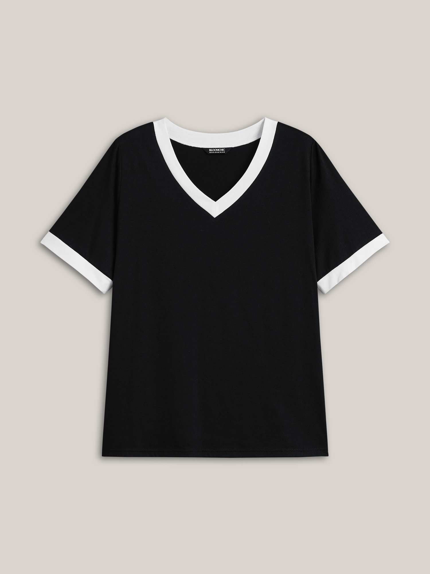 Plus Size Color-Block Stretchy V-Neck T-Shirt Black Women Casual Contrast V-neck Everyday T-shirts BloomChic 18-20/2X 