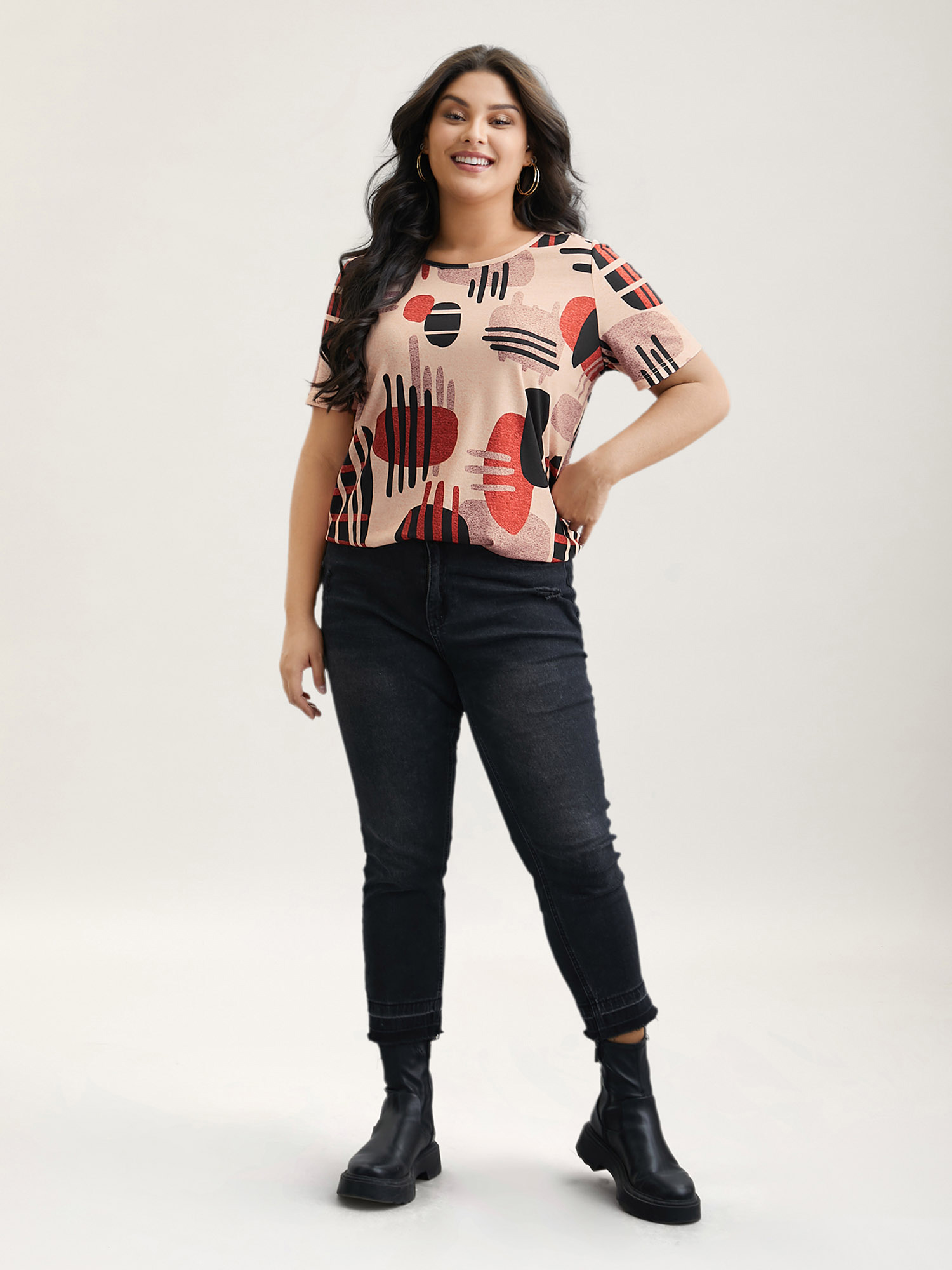 Plus Size Geometric Print Round Neck Fitted T-Shirt Multicolor Women Casual Contrast Round Neck Everyday T-shirts BloomChic 12/L 