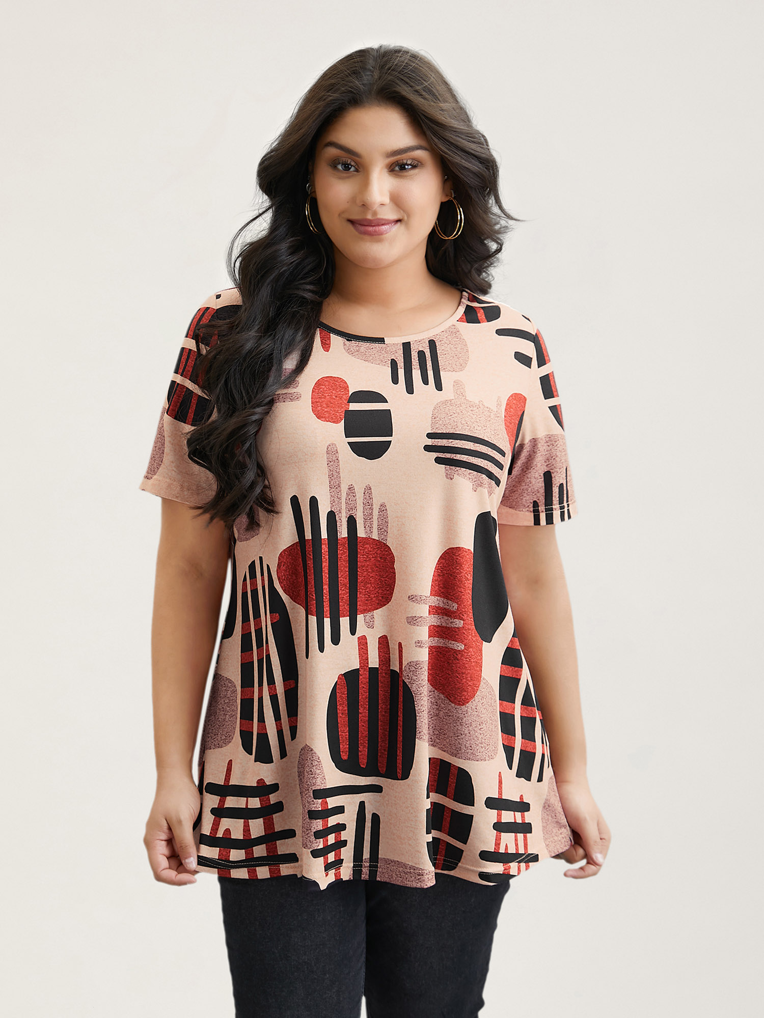 

Plus Size Geometric Print Round Neck Fitted T-Shirt Multicolor Women Casual Contrast Round Neck Everyday T-shirts BloomChic