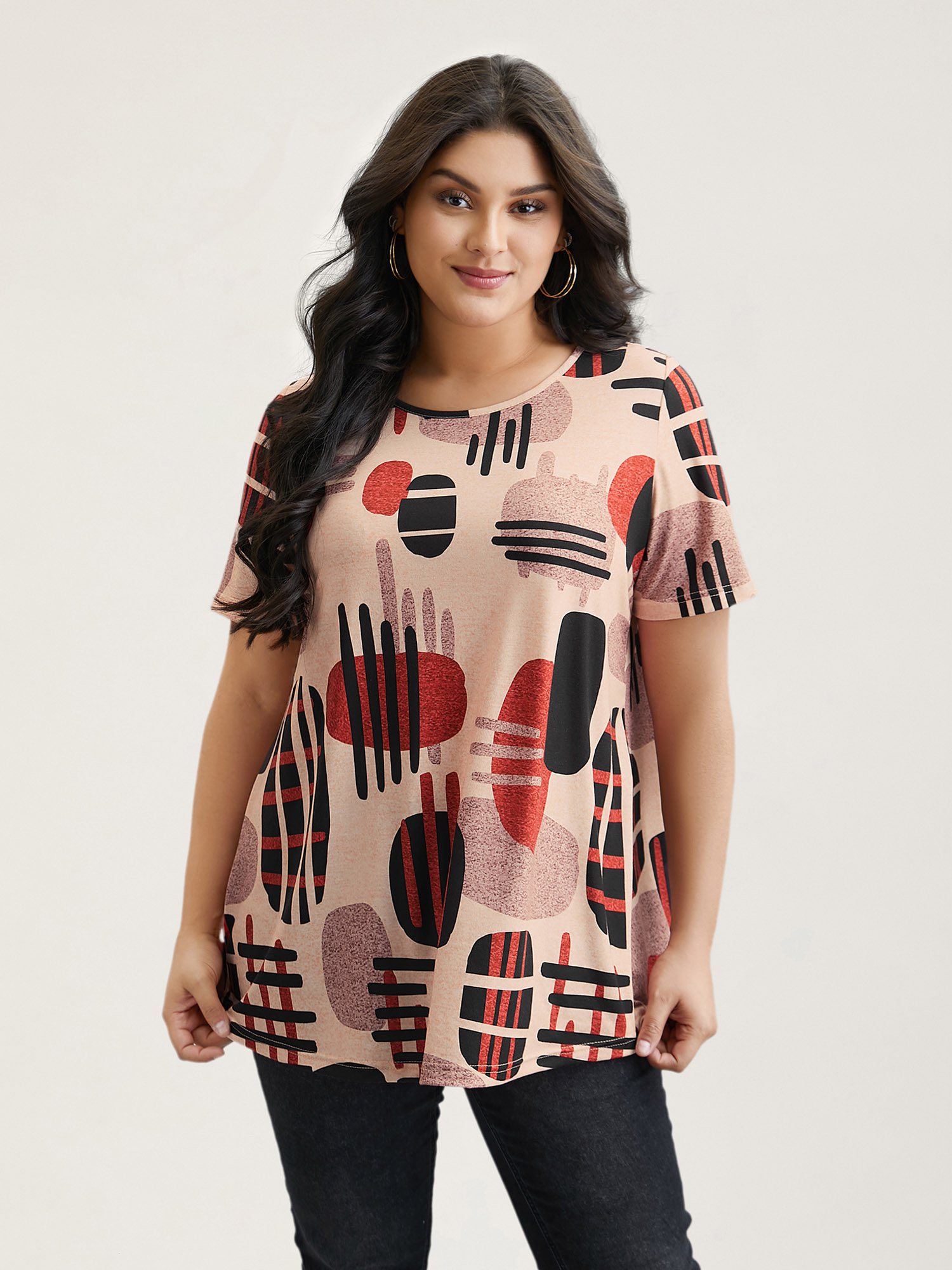 Plus Size Geometric Print Round Neck Fitted T-Shirt Multicolor Women Casual Contrast Round Neck Everyday T-shirts BloomChic 12/L 