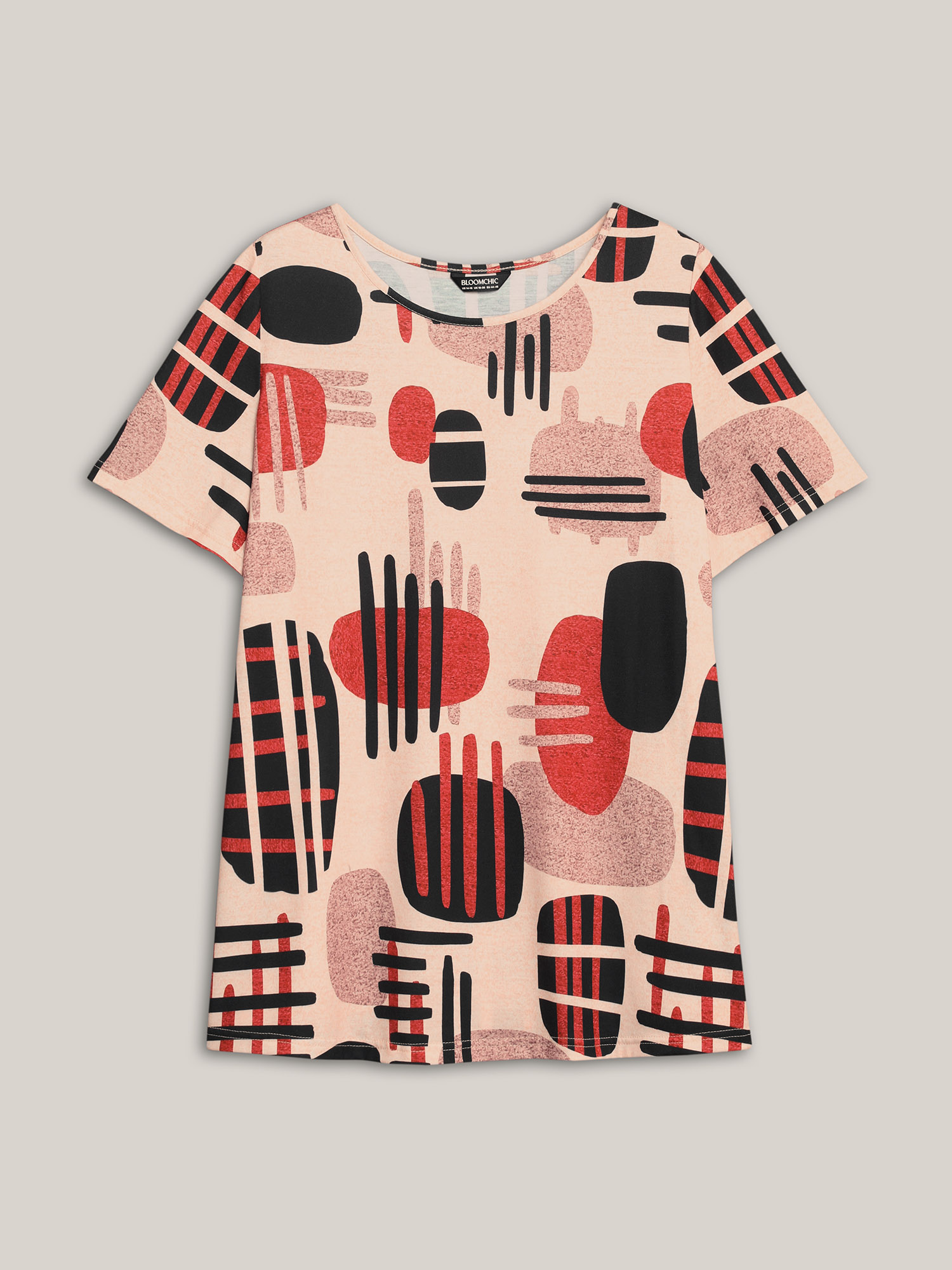 Plus Size Geometric Print Round Neck Fitted T-Shirt Multicolor Women Casual Contrast Round Neck Everyday T-shirts BloomChic 12/L 