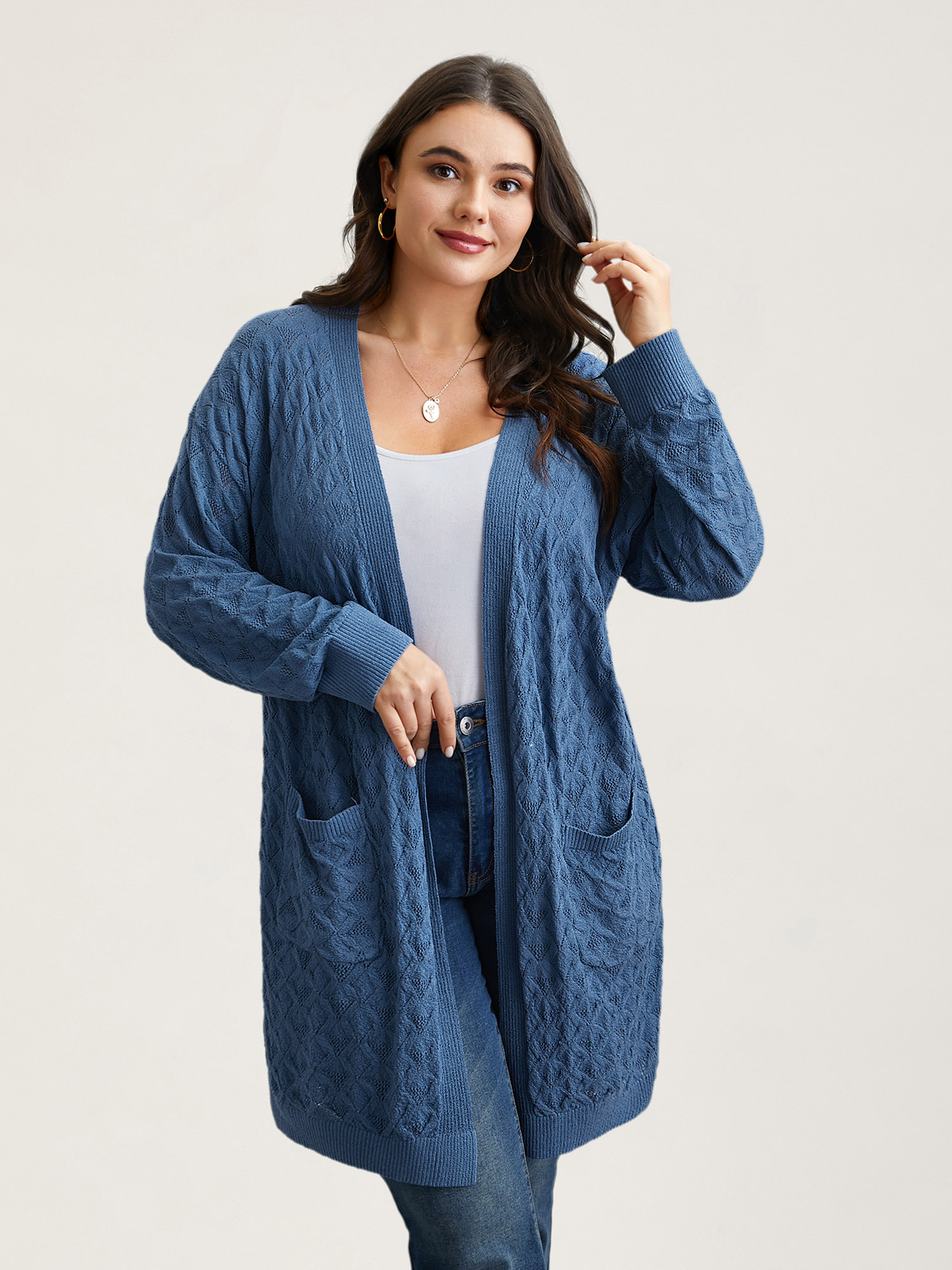 

Plus Size Textured Cut-Out Plain Open Front Cardigan Stone Women Casual Loose Long Sleeve Everyday Cardigans BloomChic