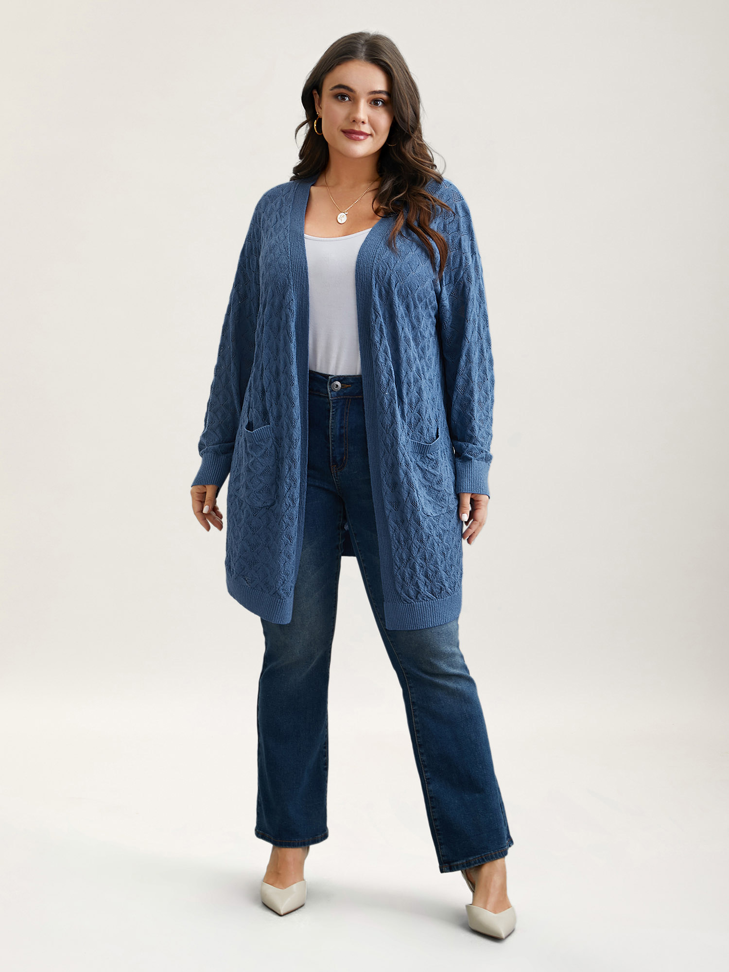 

Plus Size Textured Cut-Out Plain Open Front Cardigan Stone Women Casual Loose Long Sleeve Everyday Cardigans BloomChic