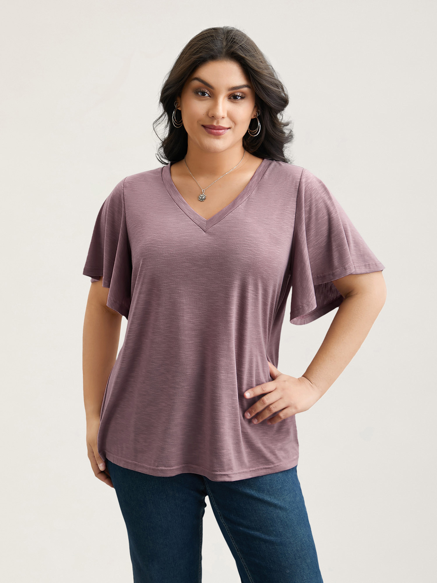 

Plus Size V-Neck Stretchy Flared Sleeve T-Shirt DustyPink Women Casual Ruffles V-neck Everyday T-shirts BloomChic