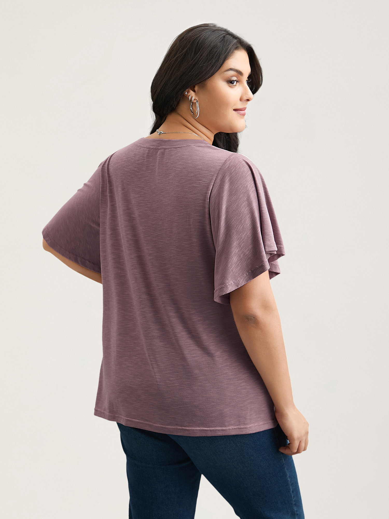 

Plus Size V-Neck Stretchy Flared Sleeve T-Shirt DustyPink Women Casual Ruffles V-neck Everyday T-shirts BloomChic