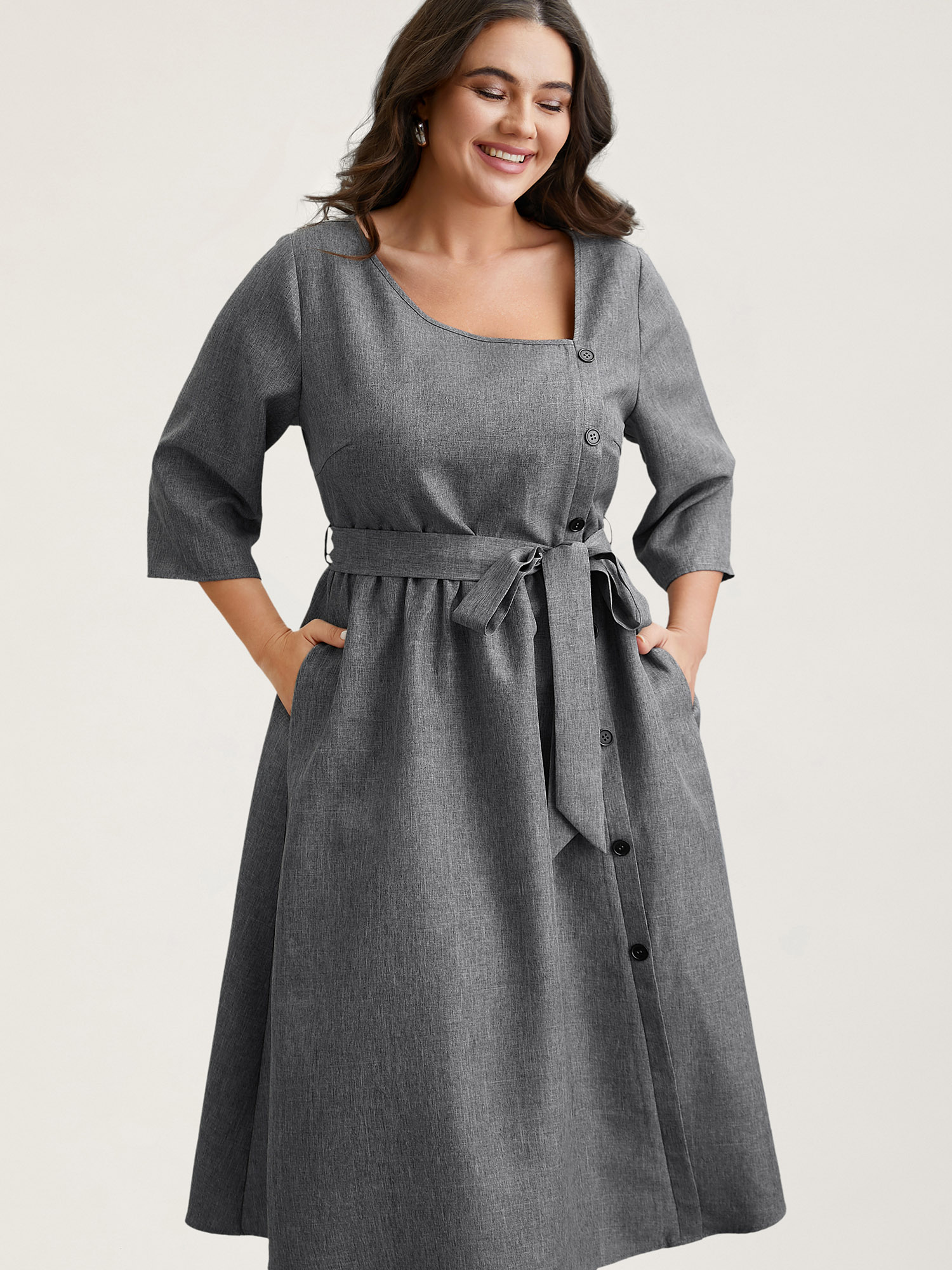 

Plus Size Asymmetrical Neckline Belted Pockets Midi Dress DarkGray Women At the Office Belted Asymmetrical Neck Elbow-length sleeve Curvy BloomChic