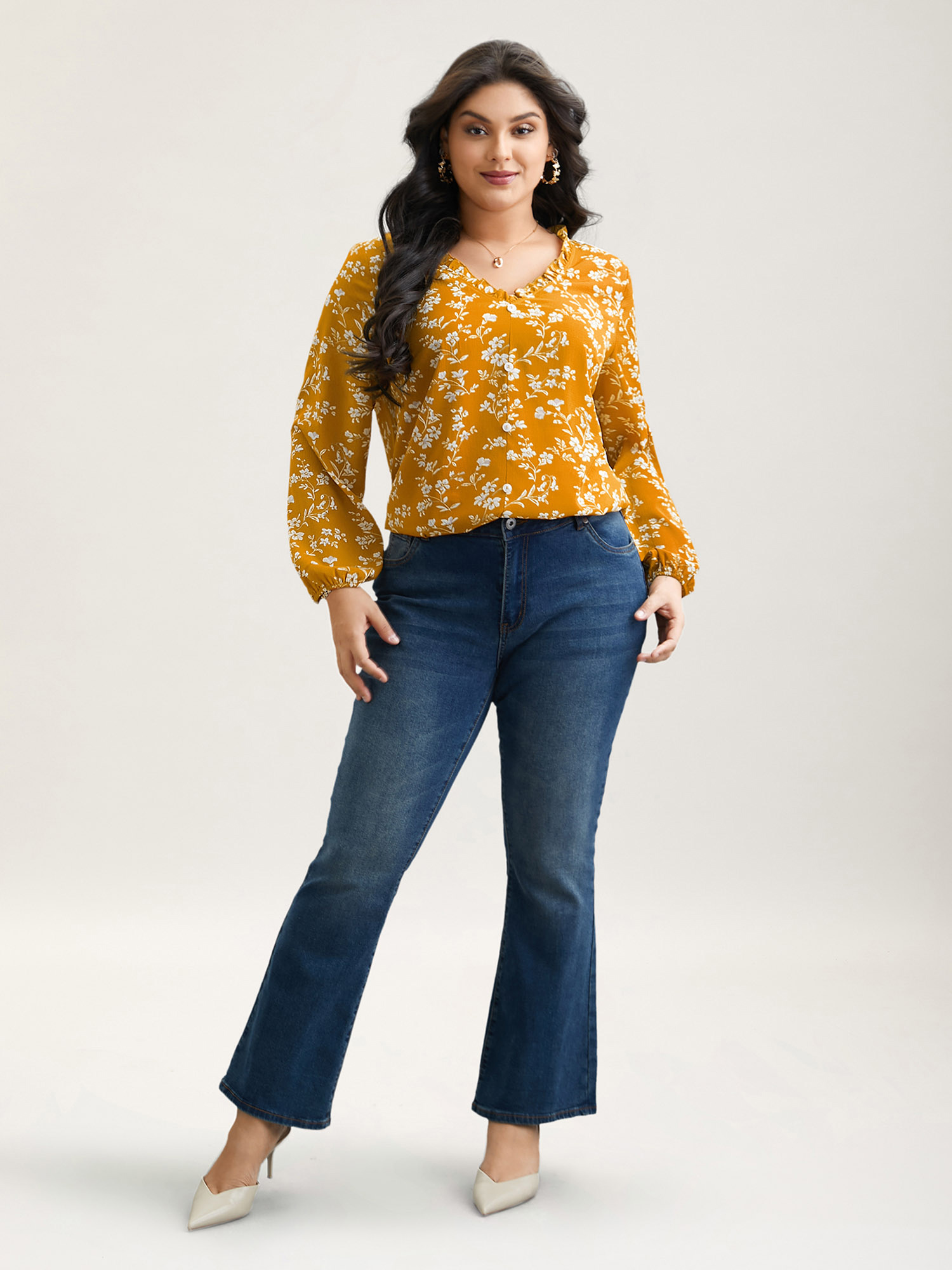Plus Size Turmeric Floral Print V-Neck Ruffled Shirt Women Elegant Extra Long Sleeve V-neck Everyday Blouses BloomChic 22-24/3X 