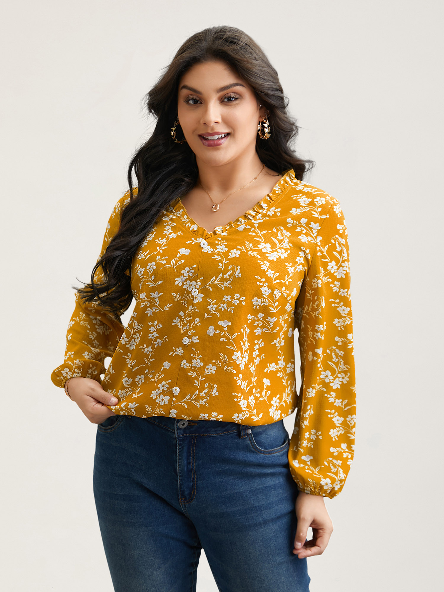 Plus Size Turmeric Floral Print V-Neck Ruffled Shirt Women Elegant Extra Long Sleeve V-neck Everyday Blouses BloomChic 22-24/3X 