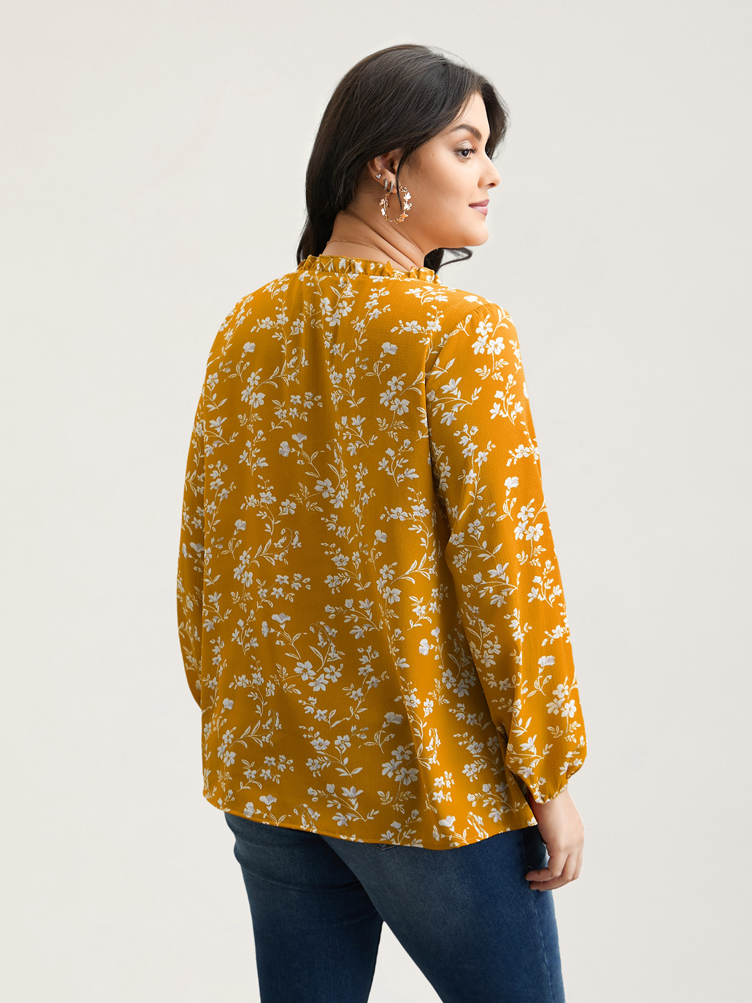 Plus Size Turmeric Floral Print V-Neck Ruffled Shirt Women Elegant Extra Long Sleeve V-neck Everyday Blouses BloomChic 22-24/3X 