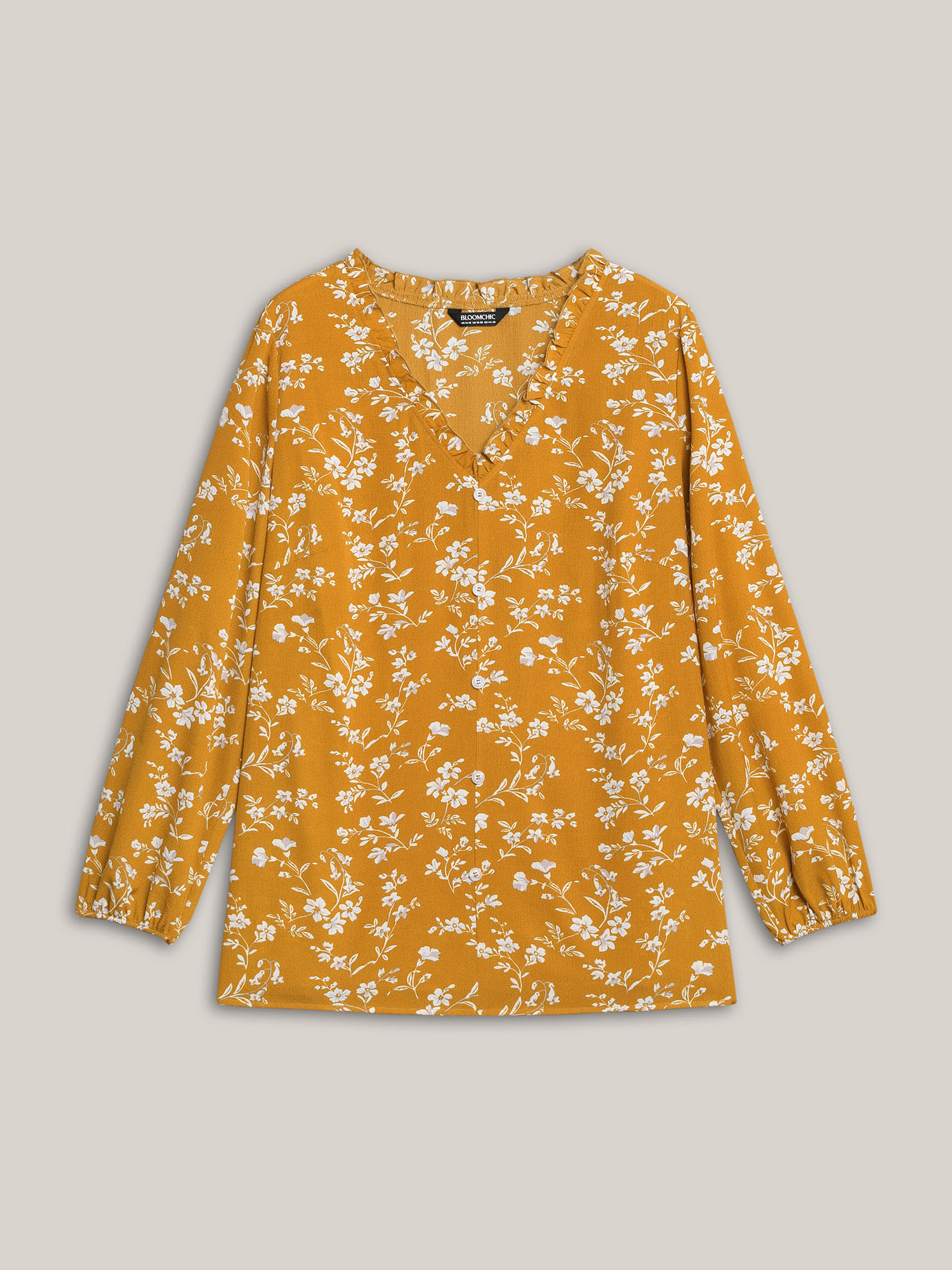 Plus Size Turmeric Floral Print V-Neck Ruffled Shirt Women Elegant Extra Long Sleeve V-neck Everyday Blouses BloomChic 22-24/3X 