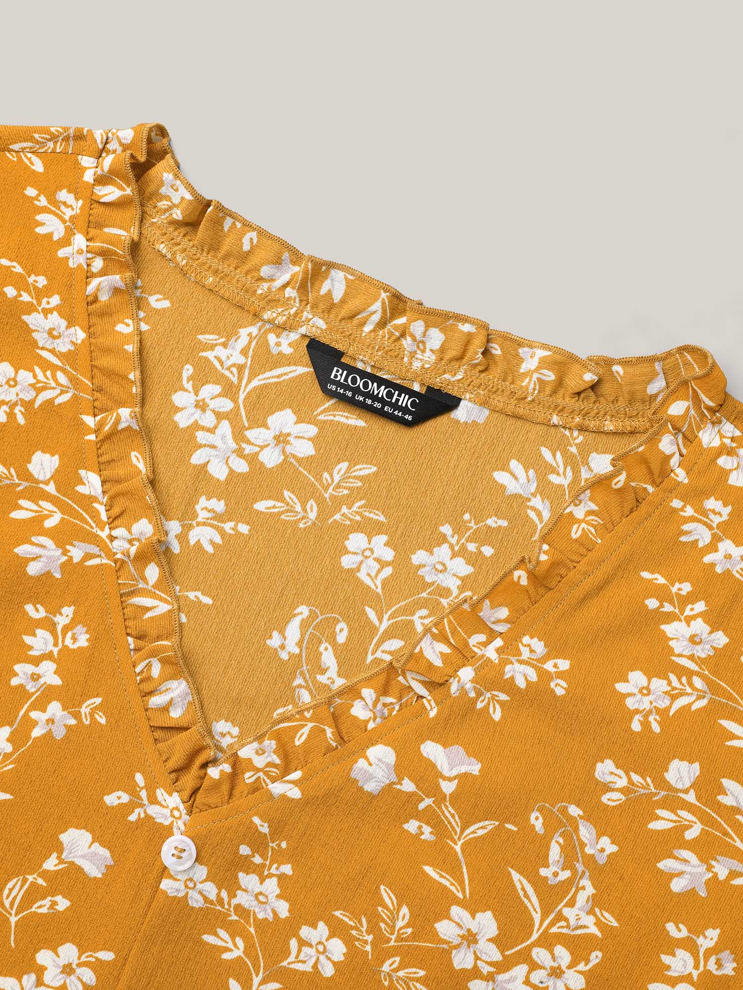 Plus Size Turmeric Floral Print V-Neck Ruffled Shirt Women Elegant Extra Long Sleeve V-neck Everyday Blouses BloomChic 22-24/3X 