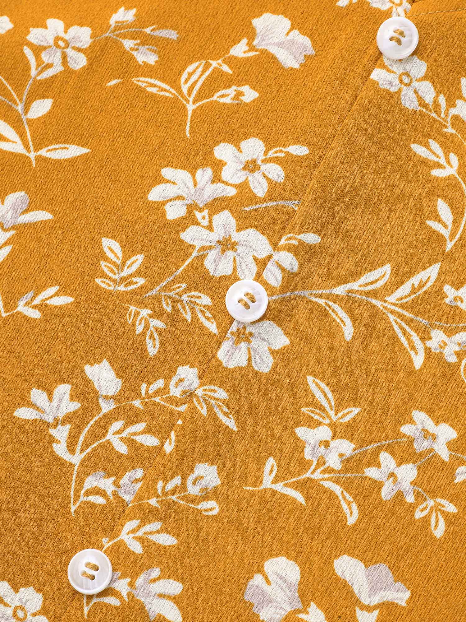 Plus Size Turmeric Floral Print V-Neck Ruffled Shirt Women Elegant Extra Long Sleeve V-neck Everyday Blouses BloomChic 22-24/3X 