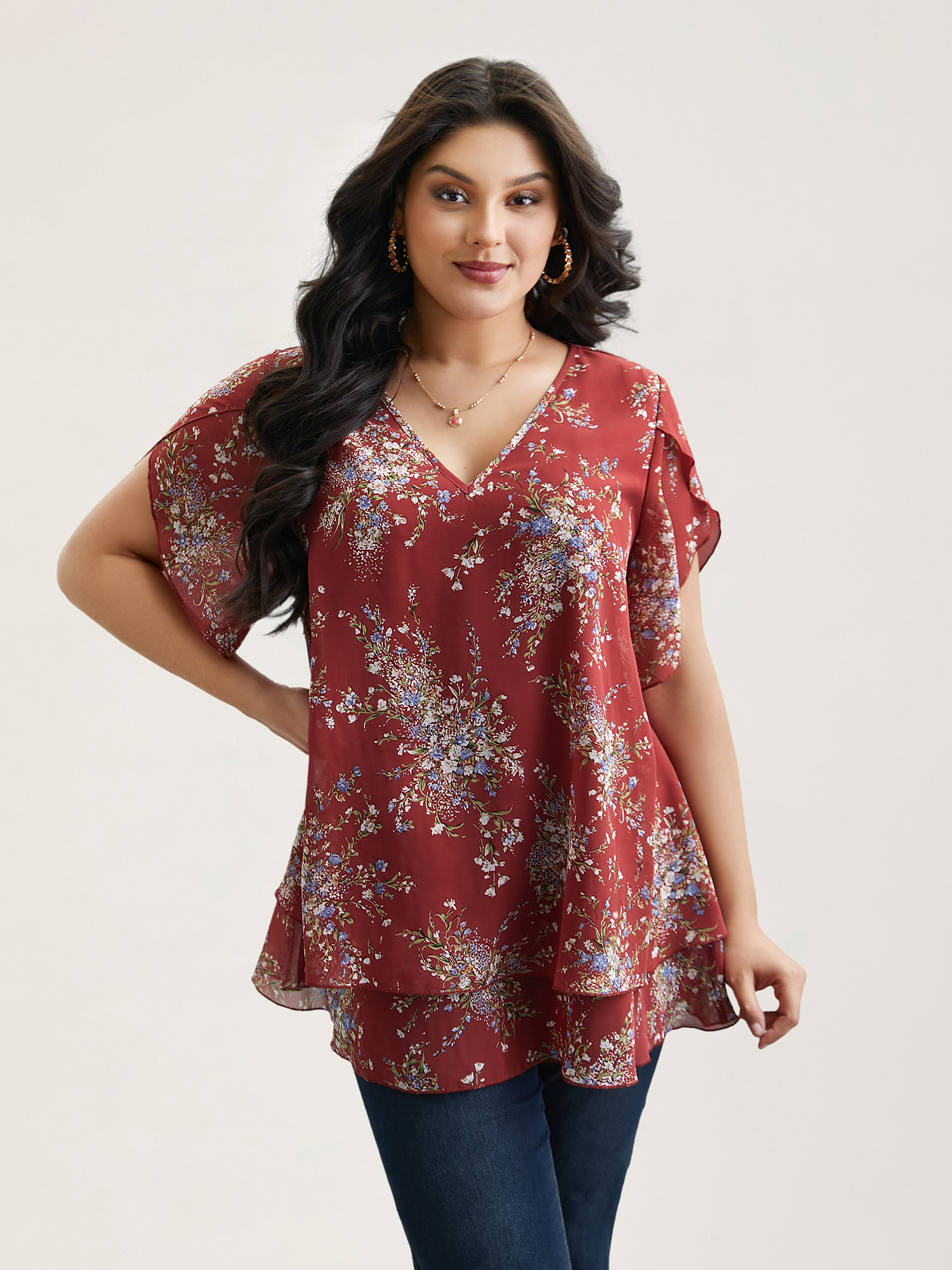 

Plus Size Scarlet Floral Print Petal Sleeve Layered Blouse Women Elegant Half Sleeve V-neck Everyday Blouses BloomChic