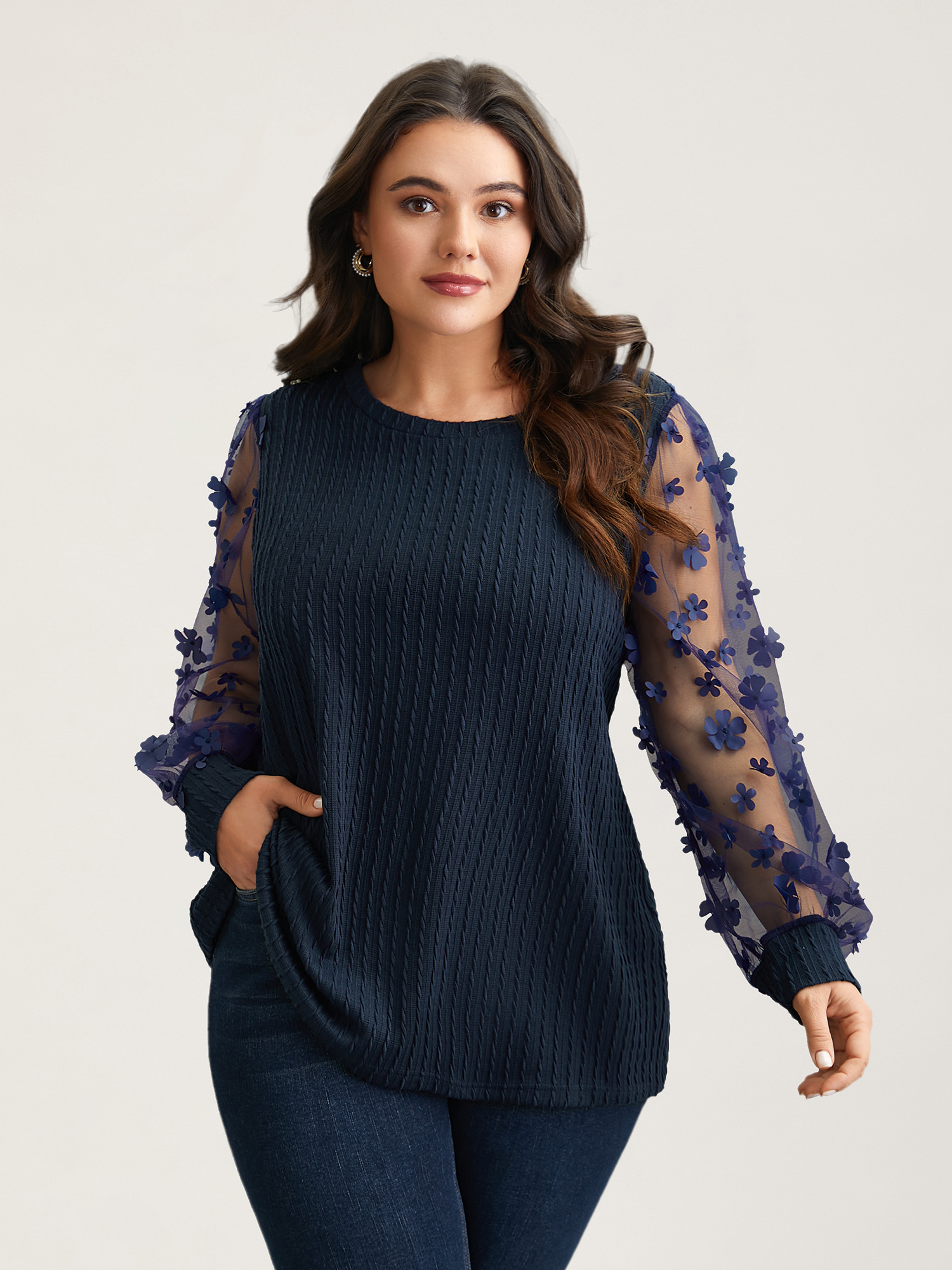 

Plus Size Sheer Sleeve Textured Patchwork Round Neck T-Shirt Indigo Women Elegant Texture Round Neck Everyday T-shirts BloomChic