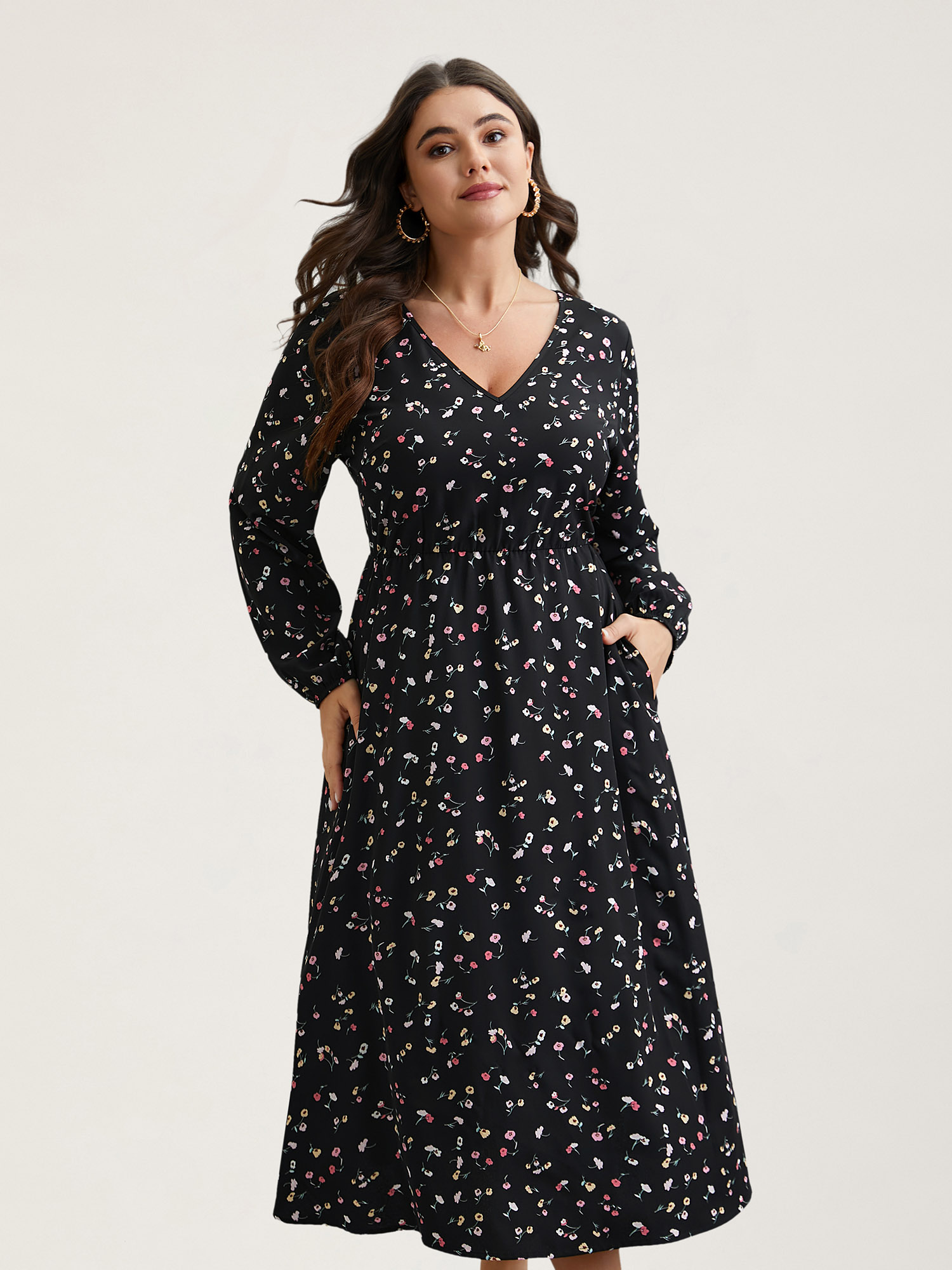 

Plus Size Floral Print V-Neck Waist-Defined Midi Dress BlackFlower Women Elegant Non V-neck Long Sleeve Curvy BloomChic