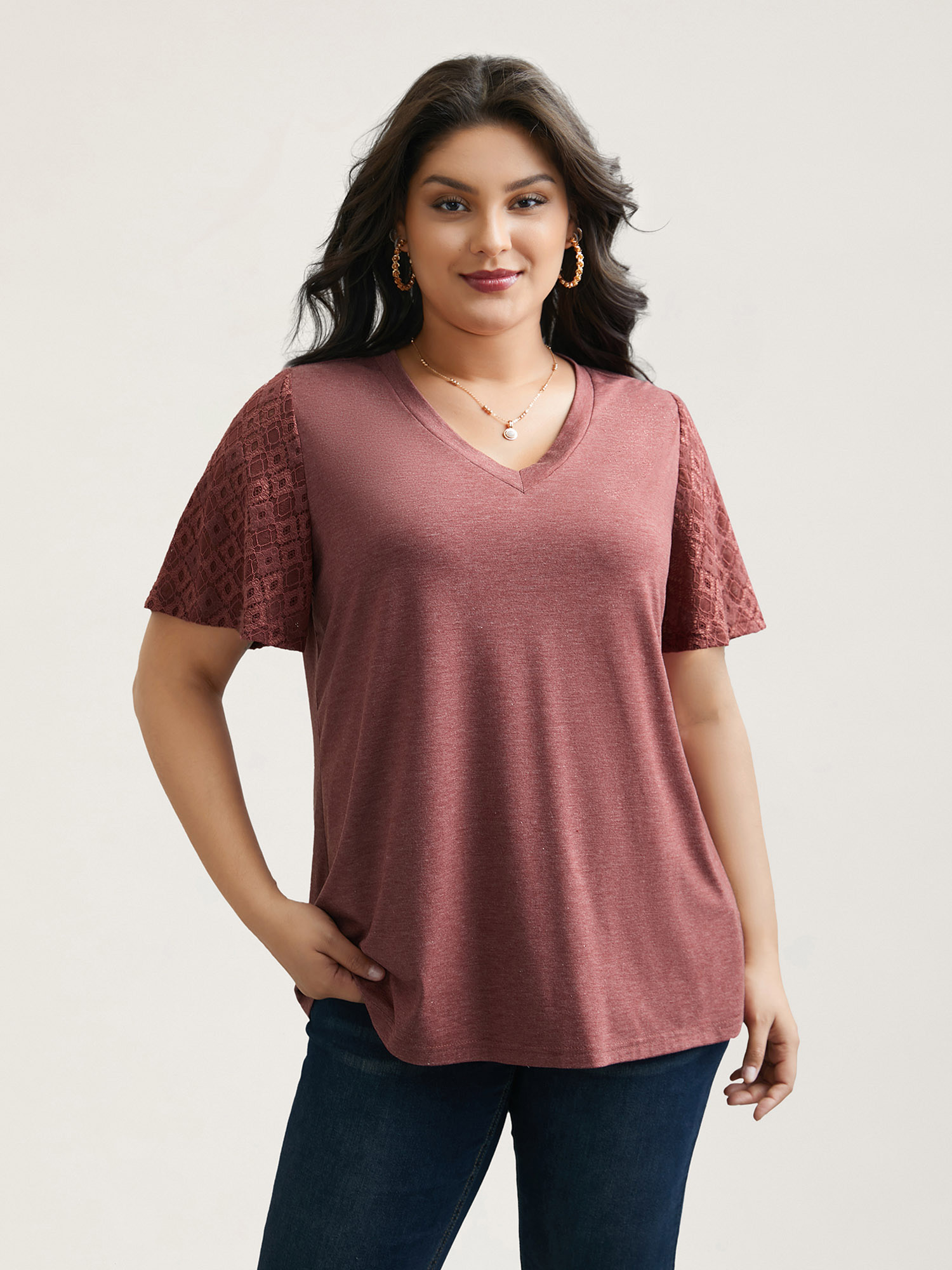 

Plus Size Stretchy Flared Lace Sleeves T-Shirt Russet Women Elegant Patchwork V-neck Everyday T-shirts BloomChic