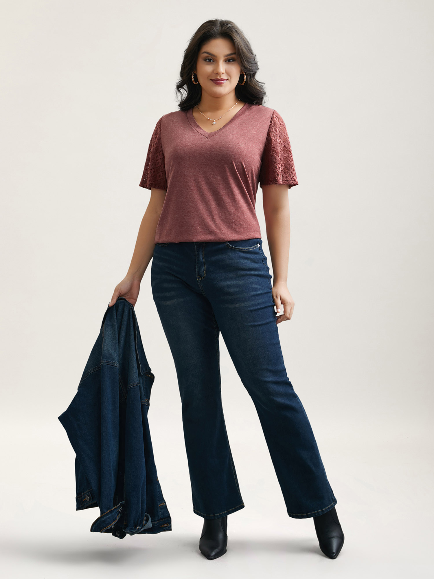 Plus Size Stretchy Flared Lace Sleeves T-Shirt Russet Women Elegant Patchwork V-neck Everyday T-shirts BloomChic 30/6X 