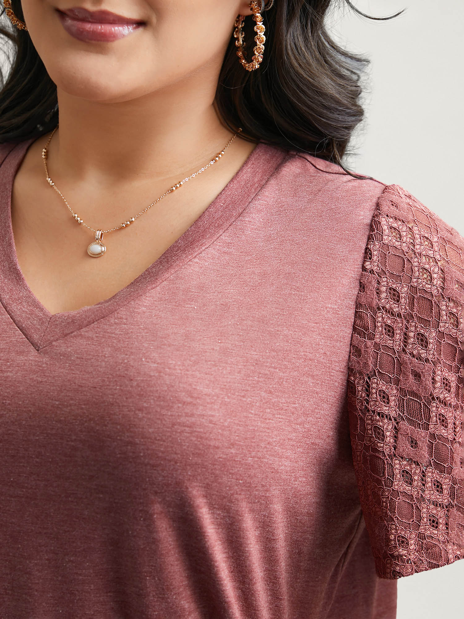 Plus Size Stretchy Flared Lace Sleeves T-Shirt Russet Women Elegant Patchwork V-neck Everyday T-shirts BloomChic 30/6X 