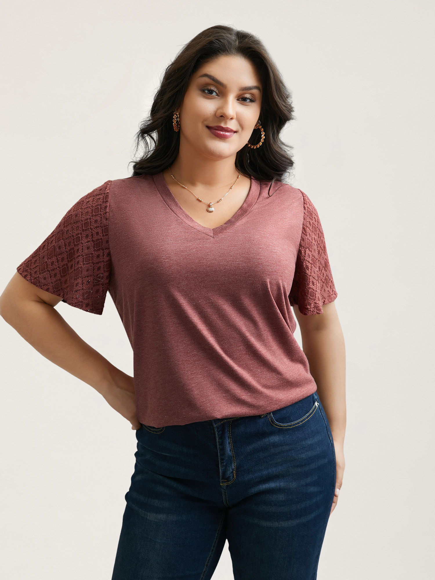 Plus Size Stretchy Flared Lace Sleeves T-Shirt Russet Women Elegant Patchwork V-neck Everyday T-shirts BloomChic 30/6X 