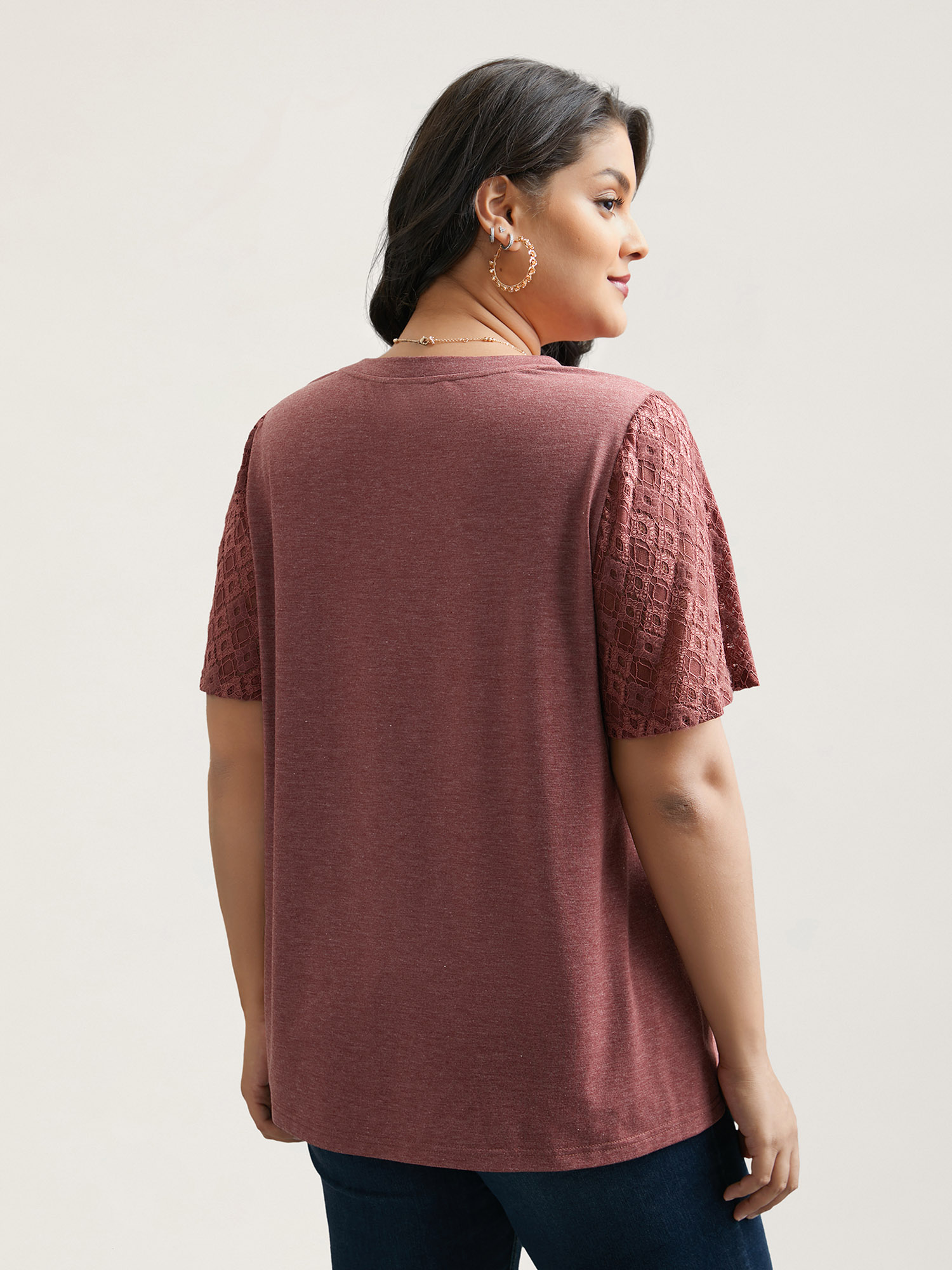 Plus Size Stretchy Flared Lace Sleeves T-Shirt Russet Women Elegant Patchwork V-neck Everyday T-shirts BloomChic 30/6X 